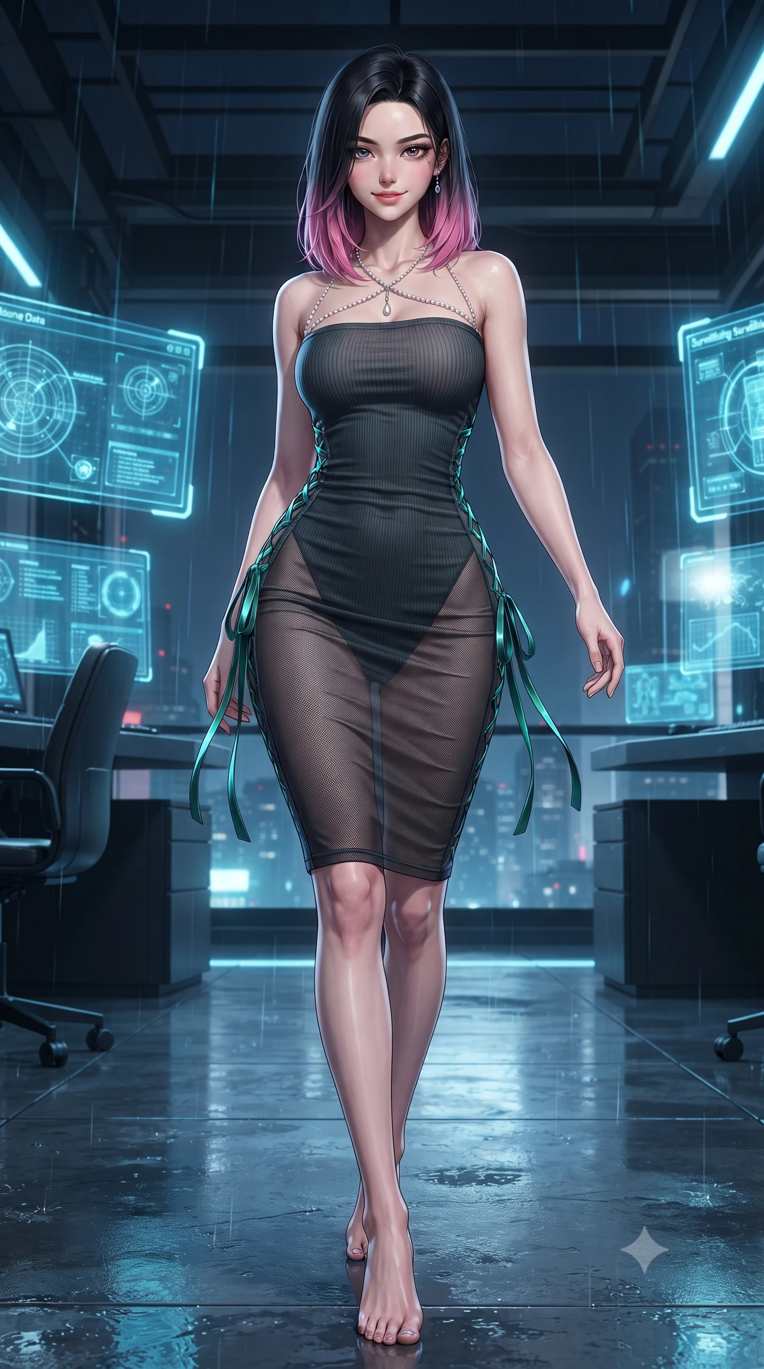 score_9, masterpiece, best quality, ultra-detailed, high-budget anime keyframe, editorial fashion photography, tasteful artistic composition, Korean woman. low angle full-body shot from head to toe showing her feet, filling the entire 9:16 vertical frame with her statuesque presence, stretching her vertical silhouette. stepping slowly toward the camera with hypnotic grace, hips swaying in an alluring sensual rhythm that accentuates her curvy hourglass silhouette and long slender legs while twisting her slender torso in an alluring contrapposto stance, glowing holographic surveillance screens and neon rain tracing her curves. The surrounding environment is rendered in vivid detail and crisp panoramic clarity: detailed plunging cowl-neck liquid satin slip cling, gold ankle chain shine, and industrial penthouse architecture in razor-sharp precision. She has an absolutely perfect, statuesque 8.5-heads proportion, an exceptionally tall and slender model-like female figure with impossibly long slender legs, an ultra-slim waist, a flat toned midriff, narrow delicate ribcage, and beautifully sculpted feminine hips creating a graceful, slim hourglass silhouette without any bulky heaviness. sharp v-shaped jawline, high-bridge nose, sparkling eyes with hypnotic seductive depth, thick curled eyelashes, glossy parted lips with a natural dewy peach sheen, alluring bedroom-eyes with an enchanting coquettish smile, exuding magnetic siren charisma and sophisticated glamour, flawlessly proportioned anatomical accuracy, strict slender model proportions, natural body alignment, perfectly sculpted long slender limbs, ultra-slim waistline, clean dynamic posture without body distortion. wearing a form-contouring ribbed knit tube dress with subtle side-lace ties tracing the curve of her hips in iridescent emerald satin and dark charcoal velvet, made of semi-opaque stretch illusion mesh with soft shadowy contours, accented with a pearl-drop body harness subtly framing her dewy collarbones and spine, the liquid-tight tailored fabric clinging flawlessly to her narrow waist and rounded feminine hips, emphasizing every millimeter of her sculpted slim hourglass curves without any bulky heaviness. illuminated by polished floor reflections and sharp electric-cyan rim lights sculpting her razor-sharp jawline, narrow waist, and curvy hips. ultra-reflective glossy finish, specular highlights, rich textural contrasts, high-contrast stereoscopic depth, volumetric dynamic lighting, 2k, ultra detail, master piece, 9:16 ratio