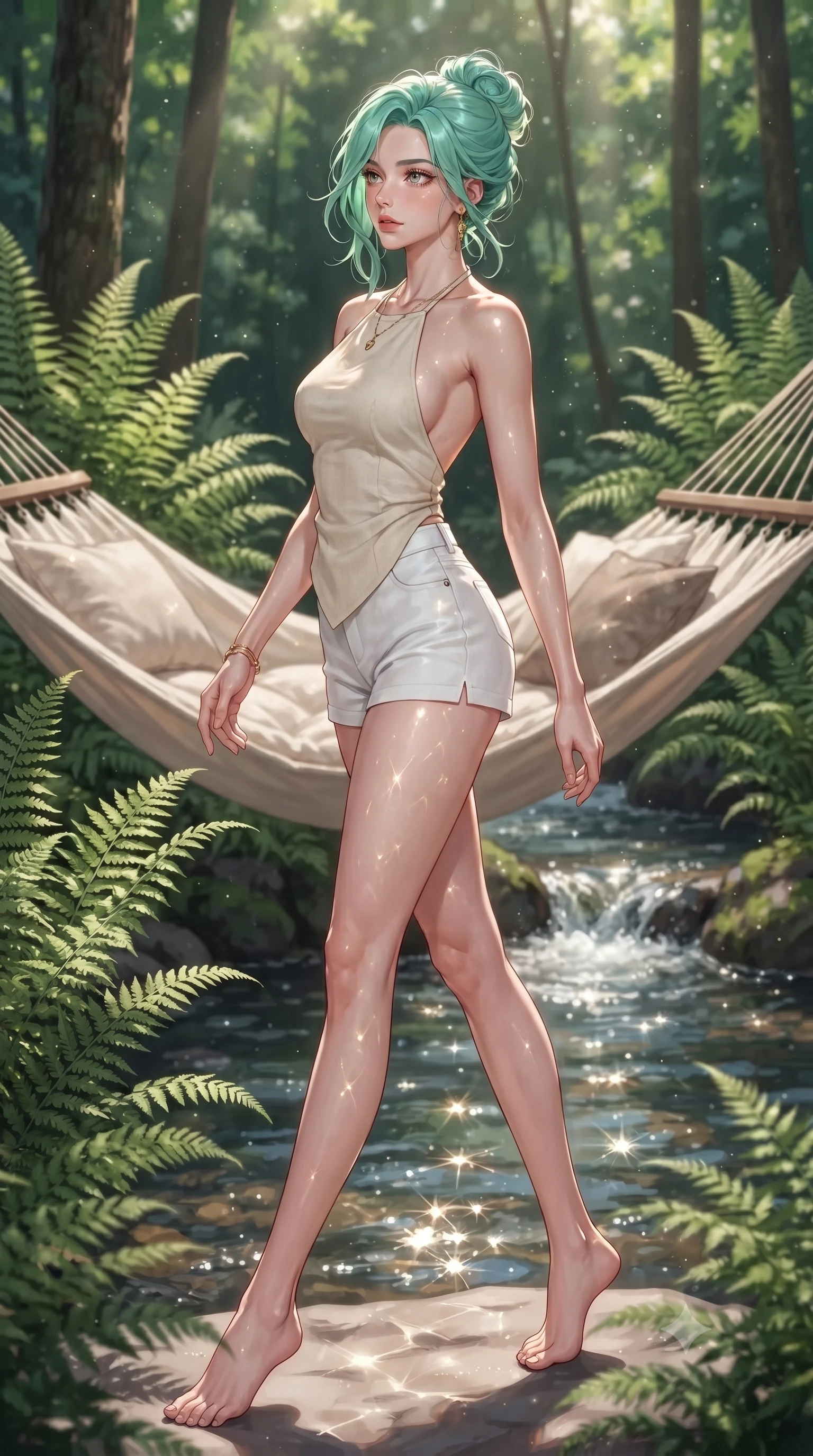 score_9, masterpiece, best quality, ultra-detailed, high-budget anime keyframe, editorial fashion photography, tasteful artistic composition, Japanese woman. low angle full-body shot from head to toe showing her feet, filling the entire 9:16 vertical frame with her statuesque presence, stretching her vertical silhouette. stepping gracefully while looking back over her shoulder, her dress draped tightly to reveal her silhouette the background shows a soft-focus a cozy hammock lounge surrounded by tall ferns and a bubbling forest stream. She has an absolutely perfect, statuesque 8.5-heads proportion, an exceptionally tall and slender model-like female figure with impossibly long slender legs and an ultra-slim waist. sharp v-shaped jawline, high-bridge nose, intricate jewel-like eyes with depth, thick eyelashes, glossy lips with a natural sheen. wearing a slim-fit stylish linen halter top with an open-back design, paired with white micro-shorts. dappled sunbeams reflecting off the moving water surface onto her form. ultra-reflective glossy finish, specular highlights, metallic sheen, high-contrast stereoscopic depth, volumetric dynamic lighting, 2k, ultra detail, master piece, 9:16 ratio