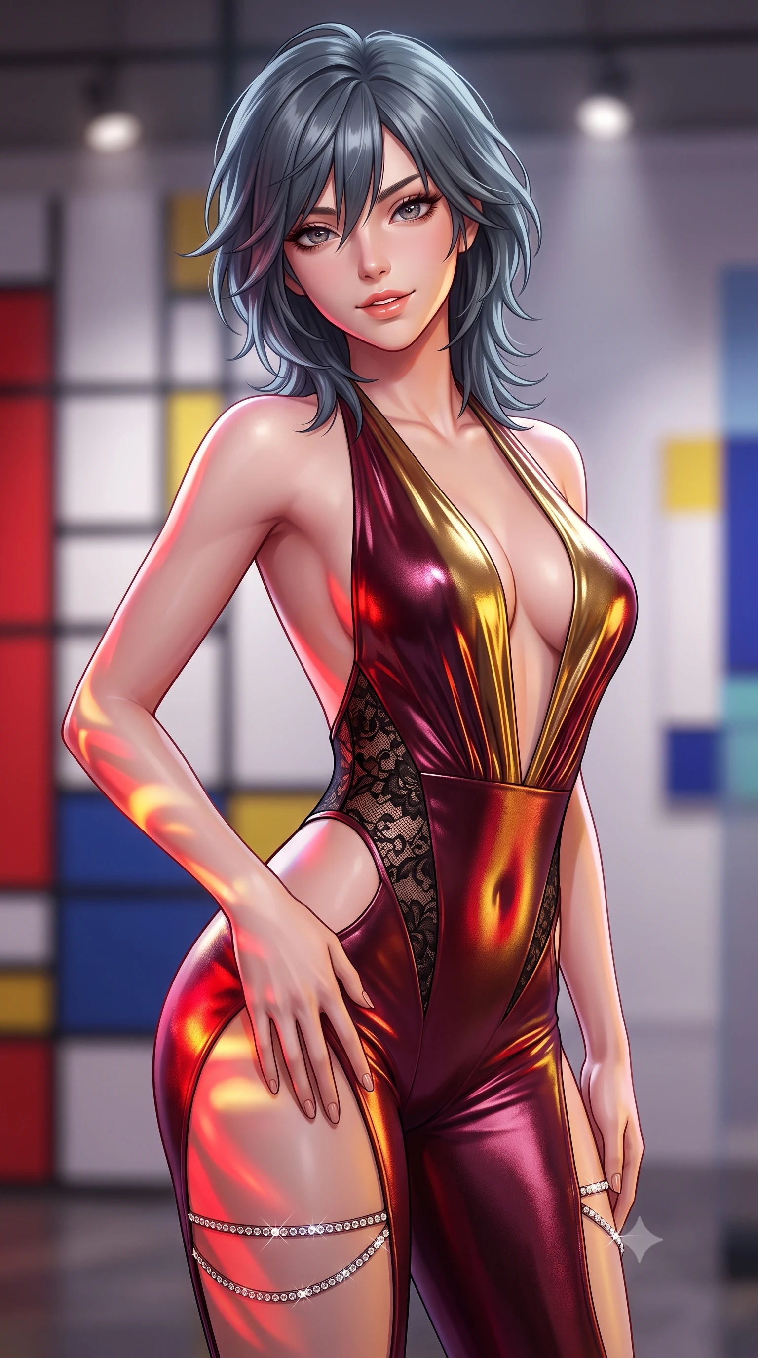 score_9, masterpiece, best quality, ultra-detailed, high-budget anime keyframe, semi-realistic 3D game render, editorial fashion photography, tasteful artistic composition, Caucasian woman. close-up cowboy shot from the waist and thighs up, the character dominates the composition, filling the frame with her large presence. tilting her head with a teasing half-smile, running one hand slowly down the side of her hip in a flirtatious S-curve as ambient light caresses her silhouette while twisting her slender torso in an alluring S-curve, colored acrylic panel refractions painting vibrant red and gold across her curves. The background shows a soft-focus modern art spotlights softened in vibrant De Stijl shallow focus. She has an exceptionally elegant, slender, and willowy female figure with an ultra-slim waist, flat toned midriff, narrow ribcage, and sculpted feminine hips creating an alluring, slim hourglass silhouette without bulk. sharp v-shaped jawline, high-bridge nose, sparkling eyes with hypnotic seductive depth, thick curled eyelashes, glossy parted lips with a natural dewy peach sheen, alluring bedroom-eyes with an enchanting coquettish smile, exuding magnetic siren charisma and sophisticated glamour, flawlessly proportioned anatomical accuracy, strict slender model proportions, natural body alignment, perfectly sculpted long slender limbs, ultra-slim waistline, clean dynamic posture without body distortion. wearing a liquid metallic lamé plunge halterneck jumpsuit clinging like a second skin with high-cut side hip cutouts in smoldering bordeaux wine and liquid gold with black chantilly lace, crafted from smooth liquid-tight stretch jersey emphasizing every curve of her body, finished with delicate crystal-encrusted thigh garter straps glinting under the lights, the high-slit wrap tailoring accentuating her ultra-slim waistline and the enchanting curve of her feminine hips with alluring seductive charm. bathed in shifting primary-color light beams transmitted through suspended translucent acrylic panels. highly saturated vibrant anime colors, detailed shading with soft gradients, rich glossy textures, high-contrast stereoscopic depth, volumetric dynamic lighting, master piece, 9:16 ratio