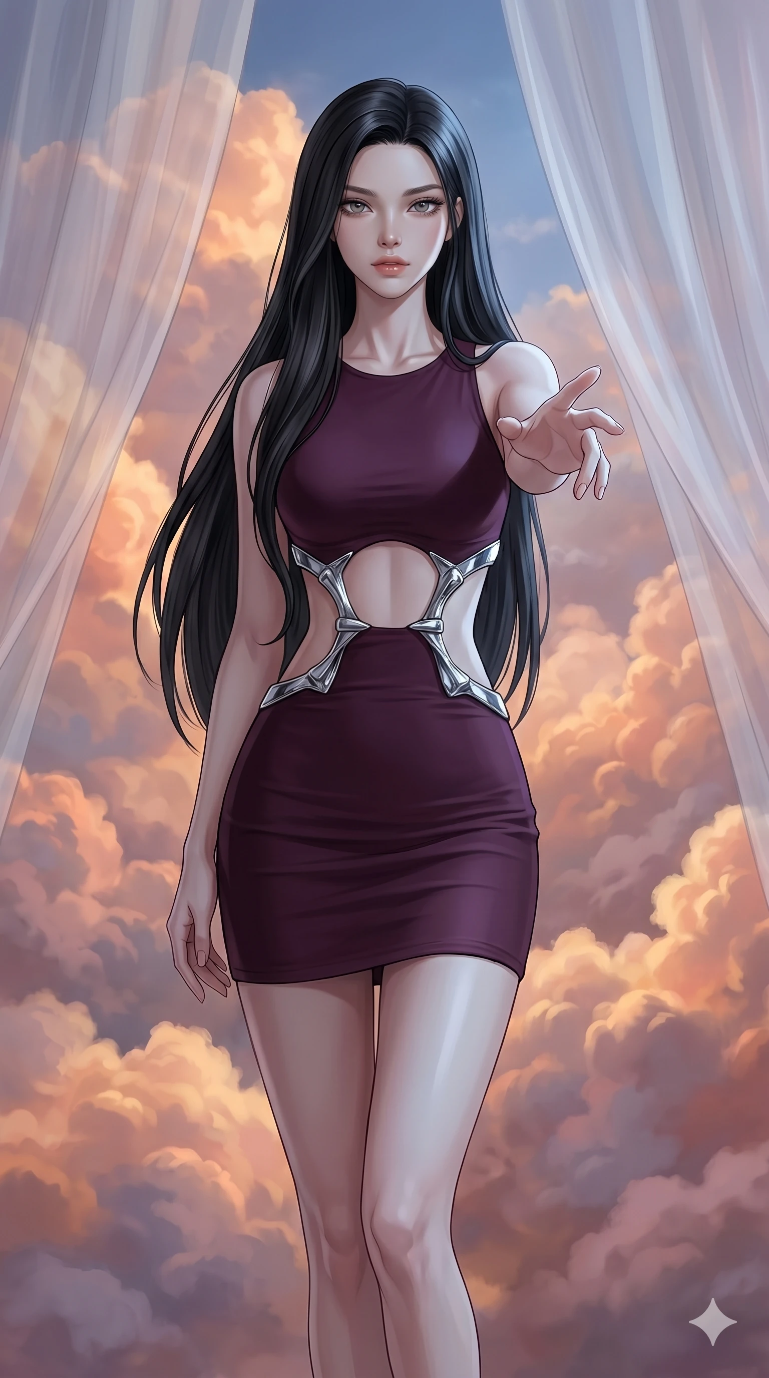 score_9, masterpiece, best quality, ultra-detailed, high-budget anime keyframe, editorial fashion photography, tasteful artistic composition, Korean woman. cowboy shot from the thighs up, character and outfit filling the frame for maximum editorial presence. Reaching one hand toward the viewer with relaxed elegance inside a luminous cloud palace where cumulus formations glow with amber and rose from within. She has an absolutely perfect 8-heads proportion, an exceptionally tall and slender female figure with impossibly long slender legs and an ultra-slim waist. V-shaped jawline, high-bridge nose, intricate jewel-like eyes with depth, thick eyelashes, glossy lips with a natural sheen. wearing a deep plum precision bodycon mini dress with a dramatic architectural open-waist cutout framed by sculptural chrome hardware, the fitted fabric emphasizing her ultra-slim waist above and below. bathed in cold silver moonlight filtered through translucent gossamer curtains casting soft shadows on her curves. 2k, ultra detail, master piece, 9:16 ratio