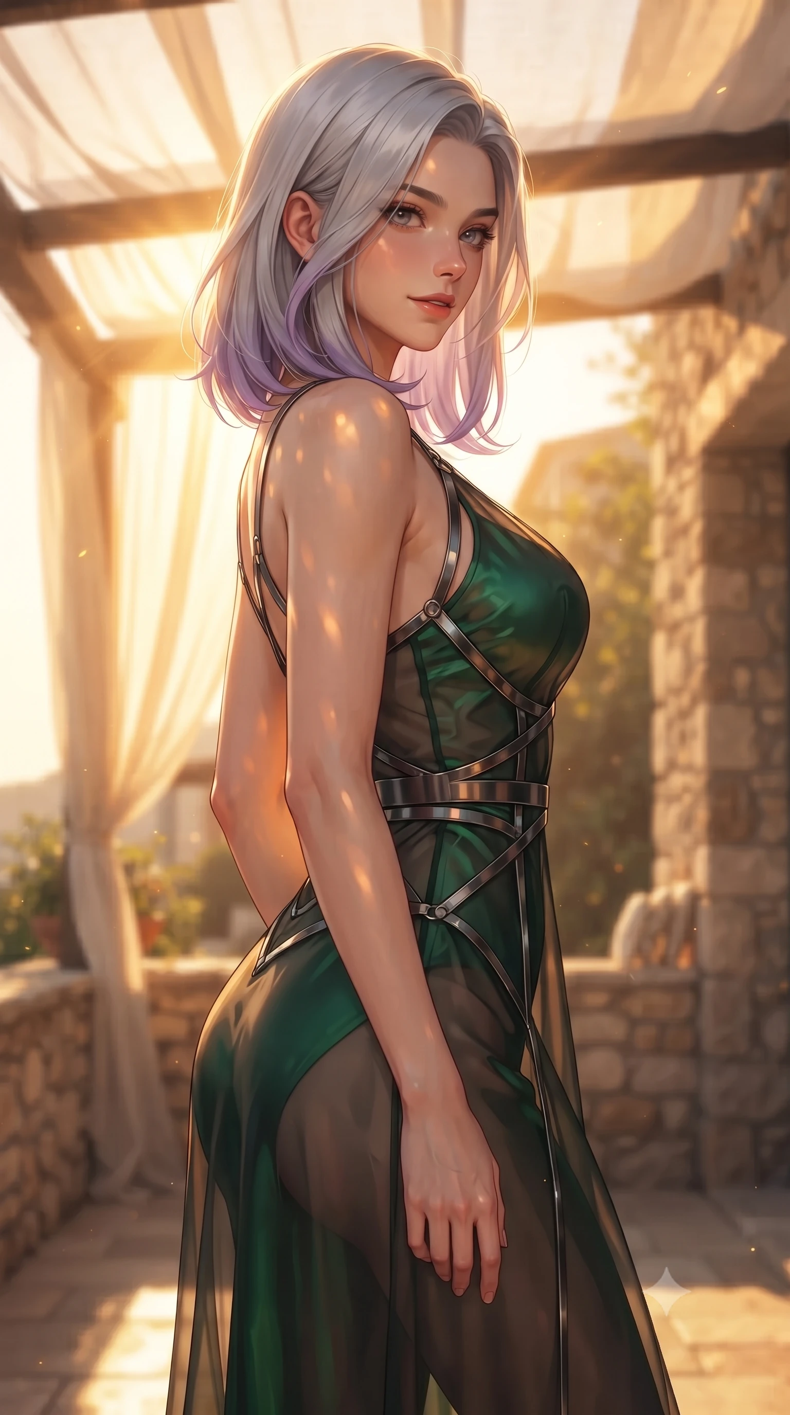 score_9, masterpiece, best quality, ultra-detailed, high-budget anime keyframe, editorial fashion photography, tasteful artistic composition, Caucasian woman. close-up cowboy shot from the waist and thighs up, the character dominates the composition, filling the frame with her large presence, background elements kept in soft focus. Glancing sidelong over her shoulder with a smoldering, enigmatic half-smile, poised beneath a sheer linen pergola as golden-hour sunbeams flood the terrace, intense golden-hour sunbeams casting warm amber light across her skin. She has an exceptionally elegant, slender, and willowy female figure with an ultra-slim waist, a gracefully sculpted slender torso, and a refined silhouette. sharp v-shaped jawline, high-bridge nose, intricate jewel-like eyes with depth, thick eyelashes, glossy lips with a natural sheen. wearing form-contouring dark crimson liquid silk long slip dress in deep emerald green, made of sheer dark organza overlay, highlighted by a gunmetal metallic harness structure, highlighting her statuesque proportions and ultra-slim waistline. illuminated by rich amber daylight and warm fill light from stone walls. ultra-reflective glossy finish, specular highlights, metallic sheen, high-contrast stereoscopic depth, volumetric dynamic lighting, 2k, ultra detail, master piece, 9:16 ratio