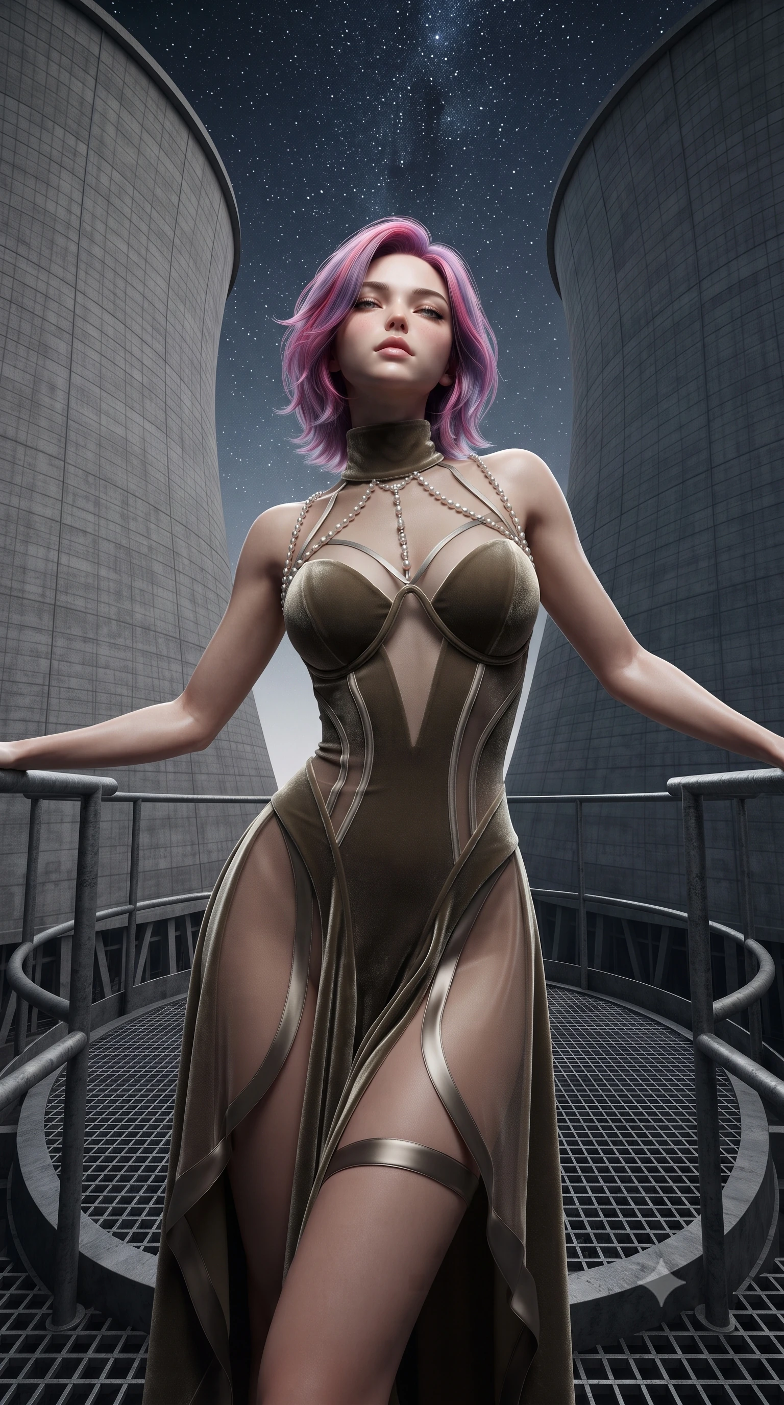 score_9, masterpiece, best quality, ultra-detailed, high-budget anime keyframe, editorial fashion photography, tasteful artistic composition, Caucasian woman. close-up cowboy shot from the waist and thighs up, the character dominates the composition, filling the frame with her large presence. leaning back against the balustrade with relaxed seductive grace, head tilted back slightly while casting a hypnotic, heavy-lidded gaze while standing centered on the circular metal catwalk inside the colossal hyperboloid cooling tower, arching her back toward the starry sky above. The surrounding environment is rendered in vivid detail and crisp panoramic clarity: detailed tactical leatherette texture, glossy lip sheen, and epic brutalist architecture in high resolution. She has an exceptionally elegant, slender, and willowy female figure with an ultra-slim waist, flat toned midriff, narrow ribcage, and sculpted feminine hips creating an alluring, slim hourglass silhouette without bulk. sharp v-shaped jawline, high-bridge nose, sparkling eyes with hypnotic seductive depth, thick curled eyelashes, glossy parted lips with a natural dewy peach sheen, alluring bedroom-eyes with an enchanting coquettish smile, exuding magnetic siren charisma and sophisticated glamour, flawlessly proportioned anatomical accuracy, strict slender model proportions, natural body alignment, perfectly sculpted long slender limbs, ultra-slim waistline, clean dynamic posture without body distortion. wearing a provocative high-neck sheer illusion ballet dress with liquid satin ribbons contouring her curves in tactical desert sand khaki and matte carbon grey, tailored from ultra-plush velvet with rich tactile depth and deep shadow gradients, accented with a pearl-drop body harness subtly framing her dewy collarbones and spine, the form-contouring silhouette accentuating her sculpted flat midriff, narrow delicate ribcage, and gracefully curvy hips with intoxicating allure. illuminated by concrete bounce fill and sharp cold-platinum rim lights sculpting her razor-sharp jawline, narrow waist, and curvy hips. ultra-reflective glossy finish, specular highlights, rich textural contrasts, high-contrast stereoscopic depth, volumetric dynamic lighting, 2k, ultra detail, master piece, 9:16 ratio