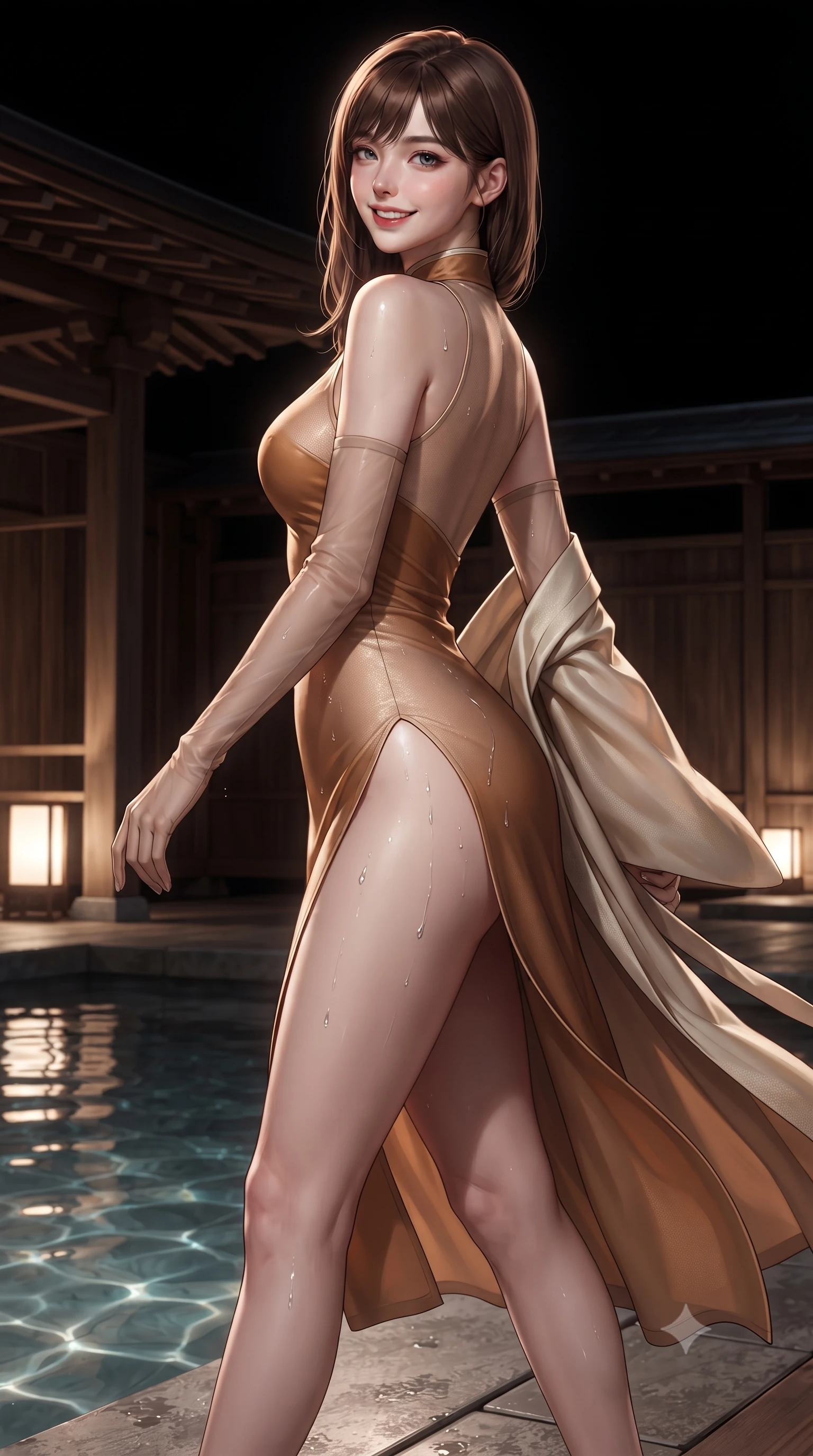 score_9, masterpiece, best quality, ultra-detailed, high-budget anime keyframe, editorial fashion photography, tasteful artistic composition, Korean woman. low angle full-body shot from head to toe showing her feet, filling the entire 9:16 vertical frame with her statuesque presence, stretching her vertical silhouette. walking along the terrace with poise, looking back over her bare shoulder with an irresistible smoldering bedroom-gaze while twisting her slender torso in an alluring S-curve, glistening hot spring droplets and silver moonlight tracing her flat midriff and hips. The surrounding environment is rendered in vivid detail and crisp panoramic clarity: detailed backless silk robe dress cling slipping off shoulders, obi belt texture, and master ryokan woodcraft in razor-sharp precision. She has an exceptionally tall and slender model-like 8.5-heads proportion, an ultra-slim waist, a flat toned midriff, narrow delicate ribcage, and beautifully sculpted feminine hips creating a graceful, slim hourglass silhouette without any bulky heaviness, with impossibly long slender legs. sharp v-shaped jawline, high-bridge nose, intricate jewel-like sparkling eyes with depth, thick eyelashes, glossy parted lips with a natural peach sheen, bright cheerful beaming smile with an enchanting and coquettish sensual glint, exuding both youthful cute charm and seductive allure, flawlessly proportioned anatomical accuracy, strict slender model proportions, natural body alignment, perfectly sculpted long slender limbs, ultra-slim waistline, clean dynamic posture without body distortion. wearing a modern cheongsam-inspired form-fitting sleeveless mini dress with mandarin collar and dramatic hip-high side slits in warm toasted caramel and shimmering champagne, made of semi-opaque stretch illusion mesh with soft shadowy contours along her waist, complemented by sheer opera-length evening gloves tracing her slender arms, the liquid-tight tailored fabric clinging flawlessly to her narrow waist and rounded feminine hips, emphasizing every millimeter of her sculpted slim hourglass curves without any bulky heaviness. illuminated by thermal pool surface caustics and sharp pearlescent rim lights sculpting her razor-sharp jawline, narrow waist, and curvy hips. ultra-reflective glossy finish, specular highlights, rich textural contrasts, high-contrast stereoscopic depth, volumetric dynamic lighting, 2k, ultra detail, master piece, 9:16 ratio