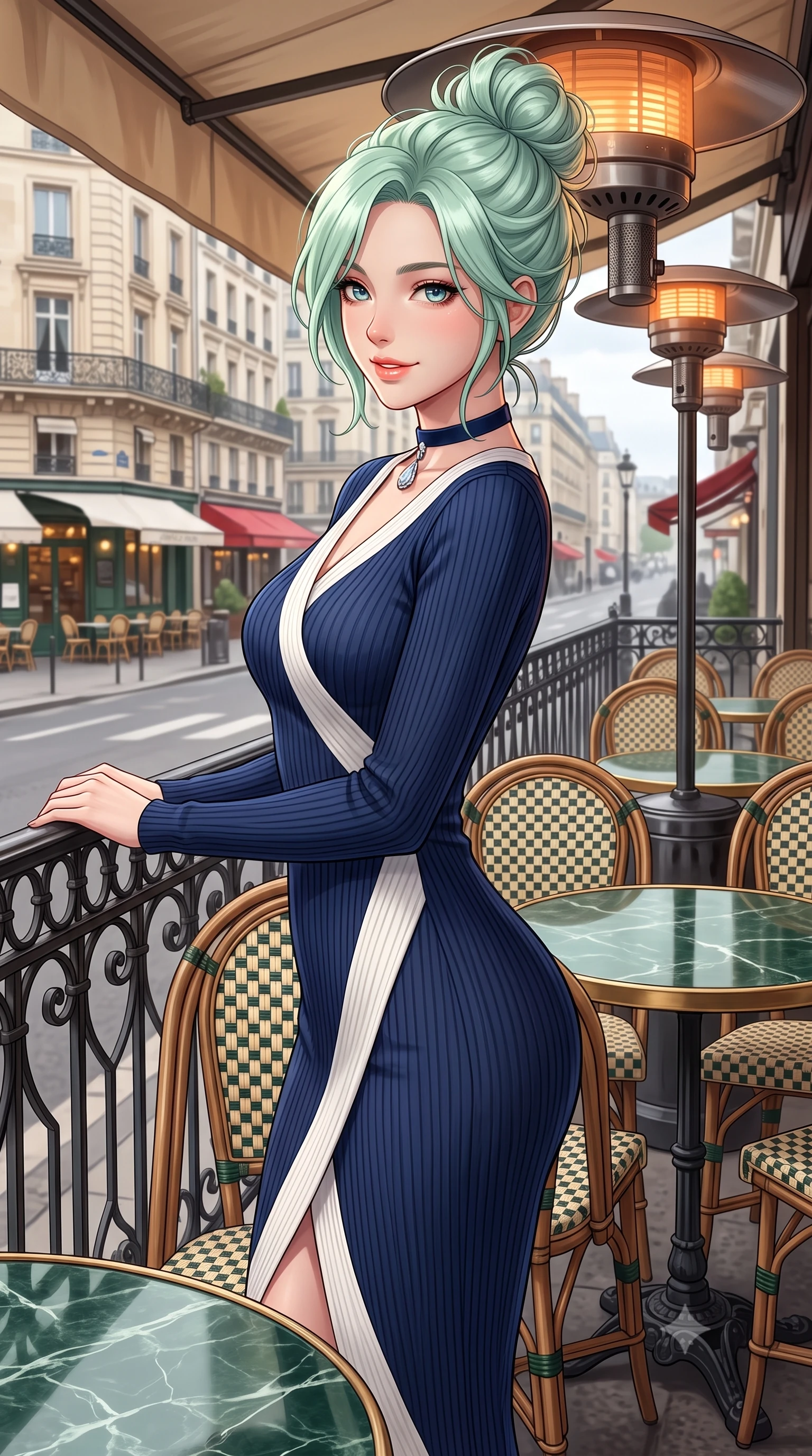 score_9, masterpiece, best quality, ultra-detailed, high-budget anime keyframe, semi-realistic 3D game render, editorial fashion photography, tasteful artistic composition, Japanese woman. close-up cowboy shot from the waist and thighs up, the character dominates the composition, filling the frame with her large presence. turning in an alluring three-quarter profile with head tilted, her glossy parted lips and jewel-like eyes catching the warm light while standing beside the wrought-iron café railing looking out over Boulevard Saint-Germain, turning with playful coquettish charm. The surrounding environment is rendered in vivid detail and crisp panoramic clarity: sharp green marble tabletop veining, intricate woven rattan chair patterns, and cast-iron table base curves in deep focus. She has an exceptionally elegant, slender, and willowy female figure with an ultra-slim waist, flat toned midriff, narrow ribcage, and sculpted feminine hips creating an alluring, slim hourglass silhouette without bulk. sharp v-shaped jawline, high-bridge nose, intricate jewel-like sparkling eyes with depth, thick eyelashes, glossy parted lips with a natural peach sheen, bright cheerful beaming smile with an enchanting and coquettish sensual glint, exuding both youthful cute charm and seductive allure, flawlessly proportioned anatomical accuracy, strict slender model proportions, natural body alignment, perfectly sculpted long slender limbs, ultra-slim waistline, clean dynamic posture without body distortion. wearing a body-hugging asymmetrical-wrap ribbed knit midi dress with fluid stretch fabric tracing her curvaceous hips in French navy blue and crisp alabaster white, crafted from liquid-tight stretch cashmere knit clinging flawlessly to every curve with silky softness, finished with a narrow velvet neck ribbon and a sparkling teardrop crystal pendant, the glove-like clinging cut tightly following the natural contour of her hips and long slender legs with youthful 8.5-heads elegance. bathed in soft overcast Parisian natural daylight warmed by glowing overhead outdoor patio heaters. highly saturated vibrant anime colors, detailed shading with soft gradients, rich glossy textures, high-contrast stereoscopic depth, volumetric dynamic lighting, master piece, 9:16 ratio