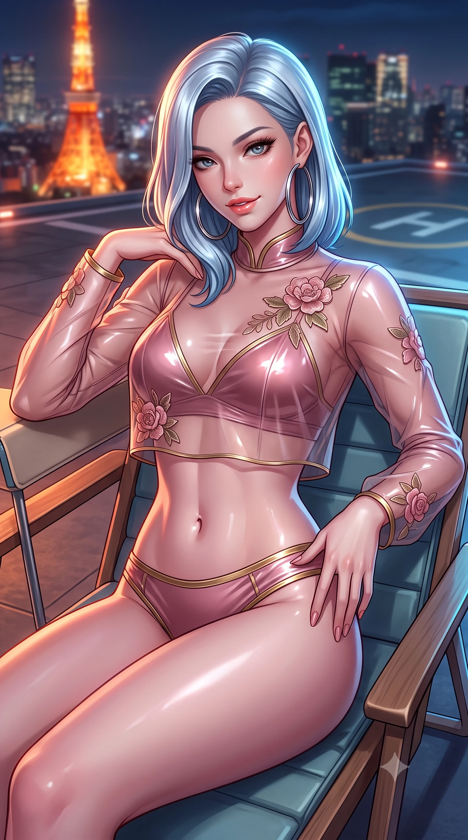 score_9, masterpiece, best quality, ultra-detailed, high-budget anime keyframe, semi-realistic 3D game render, editorial fashion photography, tasteful artistic composition, Korean woman. close-up cowboy shot from the waist and thighs up, the character dominates the composition, filling the frame with her large presence. tilting her head with a teasing half-smile, running one hand slowly down the side of her hip in a flirtatious S-curve as ambient light caresses her silhouette while lounging on an outdoor retro deck chair propped on one elbow, her flat midriff and long slender limbs framed by the glittering city. The background shows a soft-focus helicopter landing circle markings softened in breezy metropolitan rooftop shallow focus. She has an exceptionally elegant, slender, and willowy female figure with an ultra-slim waist, flat toned midriff, narrow ribcage, and sculpted feminine hips creating an alluring, slim hourglass silhouette without bulk. sharp v-shaped jawline, high-bridge nose, sparkling eyes with hypnotic seductive depth, thick curled eyelashes, glossy parted lips with a natural dewy peach sheen, alluring bedroom-eyes with an enchanting coquettish smile, exuding magnetic siren charisma and sophisticated glamour, flawlessly proportioned anatomical accuracy, strict slender model proportions, natural body alignment, perfectly sculpted long slender limbs, ultra-slim waistline, clean dynamic posture without body distortion. wearing a provocative sheer illusion mesh jeogori with strategic embroidered silk flowers over a micro-bralette and satin briefs in dusky blush rose and antique gold trims, crafted from wet-look high-gloss vinyl fabric with dazzling specular surface reflections, accented with oversized polished chrome hoop earrings catching the ambient neon glow, the second-skin tailored fabric adhering flawlessly to her sculpted flat midriff and slender torso, emphasizing her long leg lines and perfectly proportioned willowy build. bathed in the warm orange radiance of Tokyo Tower mixed with cool metropolitan night ambient fill. highly saturated vibrant anime colors, detailed shading with soft gradients, rich glossy textures, high-contrast stereoscopic depth, volumetric dynamic lighting, master piece, 9:16 ratio