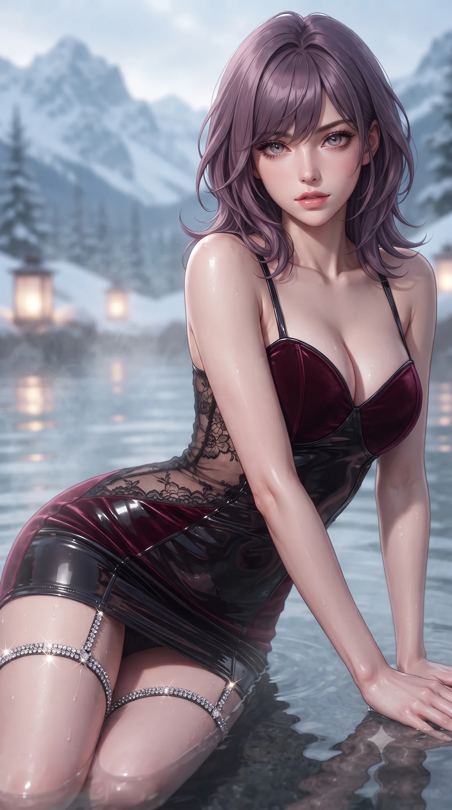 score_9, masterpiece, best quality, ultra-detailed, high-budget anime keyframe, editorial fashion photography, tasteful artistic composition, Japanese woman. close-up cowboy shot from the waist and thighs up, the character dominates the composition, filling the frame with her large presence. leaning forward while arching her lower back to accentuate her curvy hips, looking into the camera with an intoxicating smoldering gaze and bedroom-eyes while lounging in the shallow thermal cove propped on one elbow, her statuesque 8.5-heads silhouette commanding the icy alpine mountain panorama. The background shows a soft-focus submerged hot spring lanterns softened in mystical winter alpine shallow focus. She has an exceptionally elegant, slender, and willowy female figure with an ultra-slim waist, flat toned midriff, narrow ribcage, and sculpted feminine hips creating an alluring, slim hourglass silhouette without bulk. sharp v-shaped jawline, high-bridge nose, sparkling eyes with hypnotic seductive depth, thick curled eyelashes, glossy parted lips with a natural dewy peach sheen, alluring bedroom-eyes with an enchanting coquettish smile, exuding magnetic siren charisma and sophisticated glamour, flawlessly proportioned anatomical accuracy, strict slender model proportions, natural body alignment, perfectly sculpted long slender limbs, ultra-slim waistline, clean dynamic posture without body distortion. wearing a deep sweetheart-neckline velvet bodycon dress with sheer side-torso cutouts accentuating her hourglass curves in deep bordeaux velvet and delicate black chantilly, crafted from wet-look high-gloss vinyl fabric with dazzling specular surface reflections, finished with delicate crystal-encrusted thigh garter straps glinting in the dim light, the second-skin tailored fabric adhering flawlessly to her sculpted flat midriff and slender torso, emphasizing her long leg lines and perfectly proportioned willowy build. illuminated by rising steam particle light scatter and sharp platinum rim lights sculpting her jawline, flat midriff, and voluptuous hip curves. ultra-reflective glossy finish, specular highlights, rich textural contrasts, high-contrast stereoscopic depth, volumetric dynamic lighting, 2k, ultra detail, master piece, 9:16 ratio