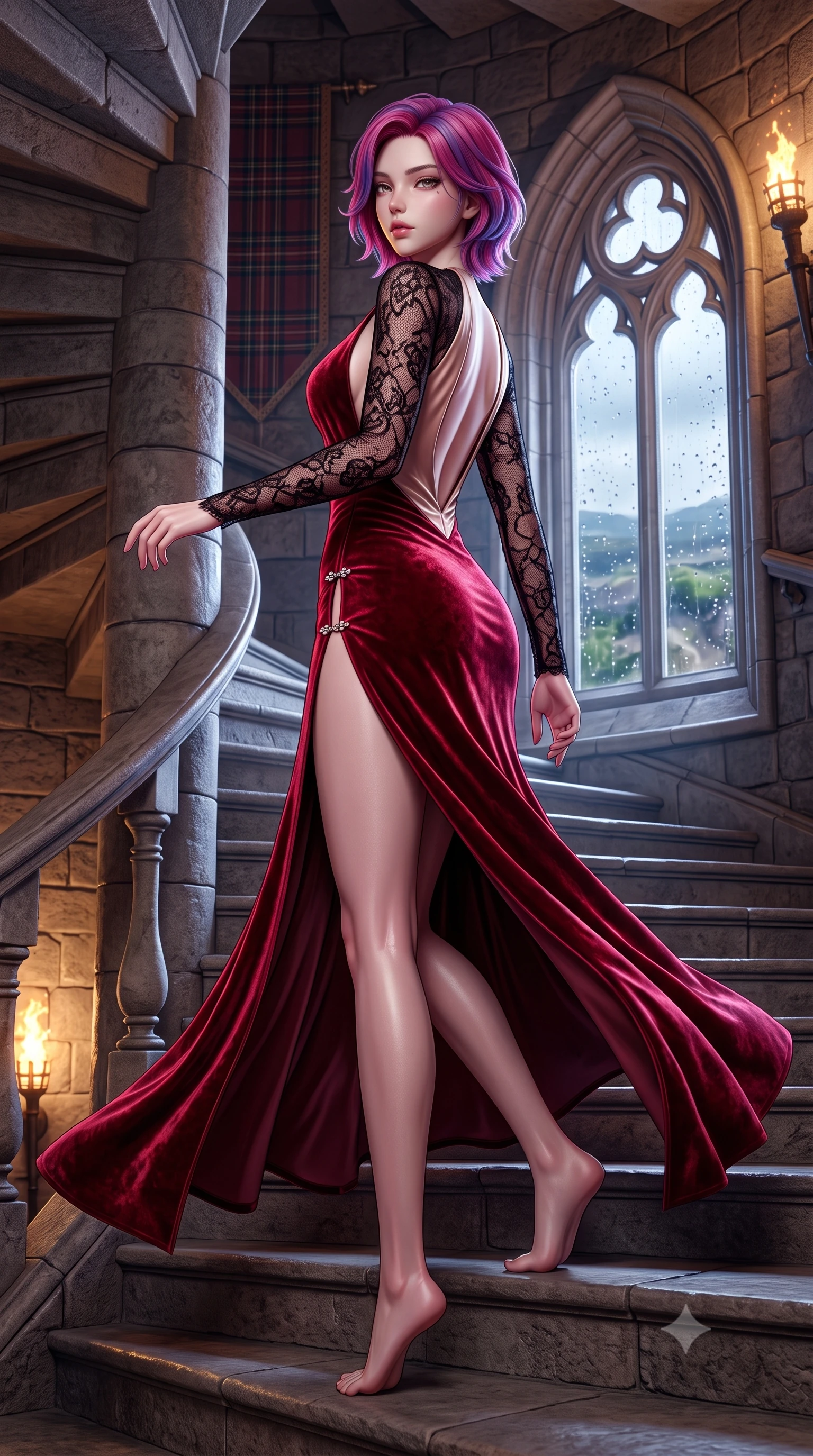 score_9, masterpiece, best quality, ultra-detailed, high-budget anime keyframe, semi-realistic 3D game render, editorial fashion photography, tasteful artistic composition, Caucasian woman. low angle full-body shot from head to toe showing her feet, filling the entire 9:16 vertical frame with her statuesque presence, stretching her vertical silhouette. executing an elegant mid-motion pivot turn as garments swirl around her slender limbs, glancing over her shoulder with an intoxicating bedroom-gaze while gliding down the spiraling stone castle staircase with supermodel poise, her high-slit skirt opening to reveal her long slender legs and curvy hips. The surrounding environment is rendered in vivid detail and crisp panoramic clarity. detailed tartan weave patterns, velvet fabric pile sheen, and rain droplet beads on glass in high clarity. She has an exceptionally tall and slender model-like 8.5-heads proportion, an ultra-slim waist, a flat toned midriff, narrow delicate ribcage, and beautifully sculpted feminine hips creating a graceful, slim hourglass silhouette without any bulky heaviness, with impossibly long slender legs. sharp v-shaped jawline, high-bridge nose, intricate jewel-like eyes with depth, thick eyelashes, glossy parted lips with a natural sheen, intensely captivating and seductive bedroom-eyes expression, flawlessly proportioned anatomical accuracy, strict slender model proportions, natural body alignment, perfectly sculpted long slender limbs, ultra-slim waistline, clean dynamic posture without body distortion. wearing a plunging-V neckline crushed crimson velvet opera gown with delicate black lace sleeves and bare back in dusky blush rose and shimmering champagne shimmer, tailored from liquid silk jersey adhering flawlessly to her slender build, finished with an ultra-high side slit secured by miniature jeweled clasps, the liquid-tight tailored fabric clinging flawlessly to her narrow waist and rounded feminine hips, emphasizing every millimeter of her sculpted slim hourglass curves without any bulky heaviness. illuminated by crisp directional rim lighting sharply carving her razor-sharp jawline, narrow waist, and curvy hips. highly saturated vibrant anime colors, detailed shading with soft gradients, rich glossy textures, high-contrast stereoscopic depth, volumetric dynamic lighting, master piece, 9:16 ratio