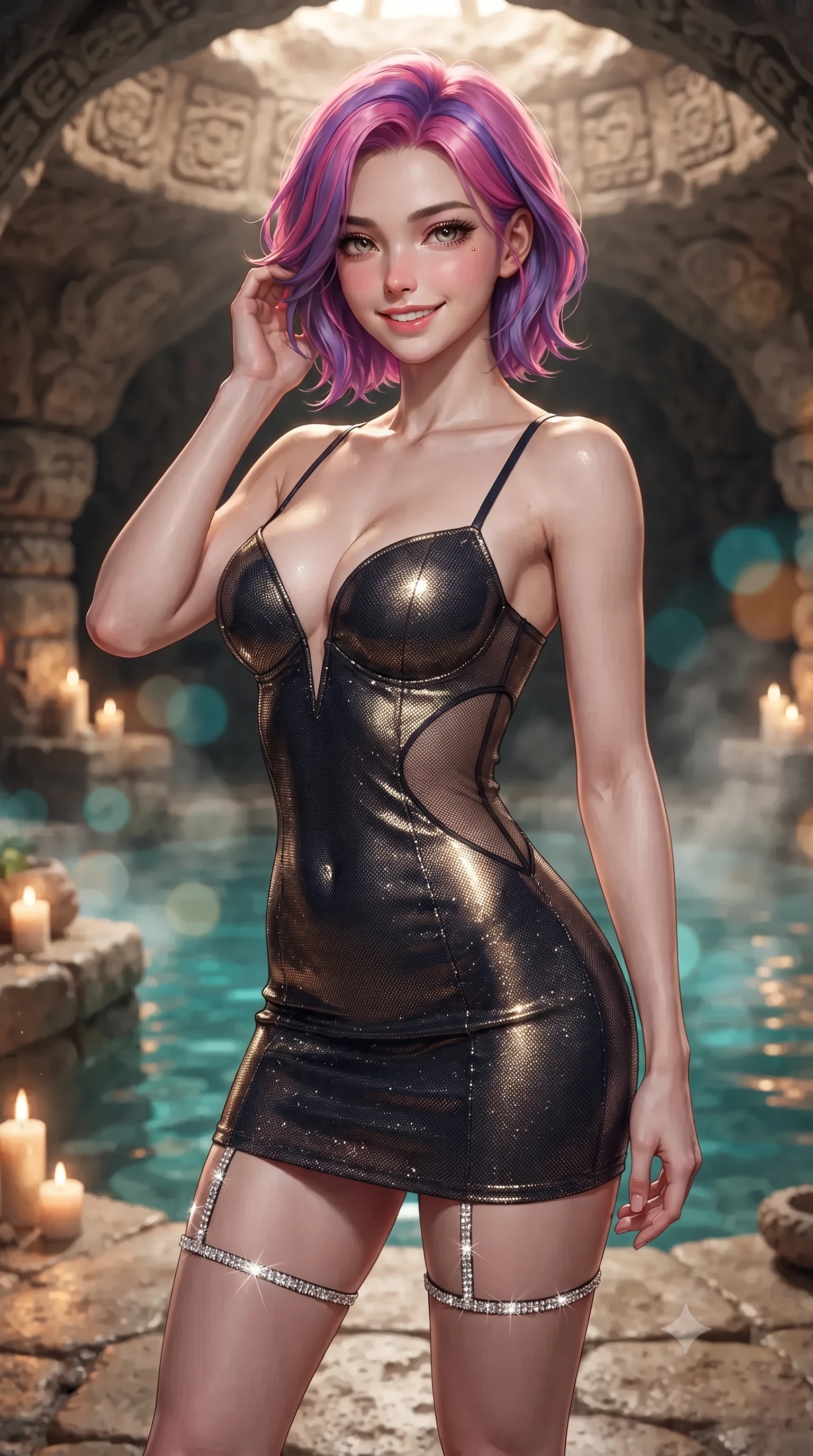 score_9, masterpiece, best quality, ultra-detailed, high-budget anime keyframe, editorial fashion photography, tasteful artistic composition, Caucasian woman. close-up cowboy shot from the waist and thighs up, the character dominates the composition, filling the frame with her large presence. gently brushing a lock of hair behind her ear while casting a playful, flirtatious side-gaze with long eyelashes while standing poised on the heated fossilized coral stone floor beside the thermal mineral plunge pool inside the natural cave, arching her spine with wet-look siren grace. The background shows a soft-focus natural vaulted limestone cave ceilings with carved Mayan glyphs, flickering candles on stone ledges, and fragrant rising steam blurred into turquoise, amber, and cream bokeh. She has an exceptionally elegant, slender, and willowy female figure with an ultra-slim waist, flat toned midriff, narrow ribcage, and sculpted feminine hips creating an alluring, slim hourglass silhouette without bulk. sharp v-shaped jawline, high-bridge nose, intricate jewel-like sparkling eyes with depth, thick eyelashes, glossy parted lips with a natural peach sheen, bright cheerful beaming smile with an enchanting and coquettish sensual glint, exuding both youthful cute charm and seductive allure, flawlessly proportioned anatomical accuracy, strict slender model proportions, natural body alignment, perfectly sculpted long slender limbs, ultra-slim waistline, clean dynamic posture without body distortion. wearing an alluring plunging sweetheart bustier dress with sheer mesh side-waist cutouts contouring her ribs in deep midnight obsidian black and champagne gold, crafted from stretch micro-mesh with liquid foil coating that shimmers with every movement, finished with delicate crystal-encrusted thigh garter straps glinting in the dim light, the form-contouring silhouette accentuating her sculpted flat midriff, narrow delicate ribcage, and gracefully curvy hips with intoxicating allure. illuminated by cave water reflection bounce and sharp honey-gold rim lights defining her razor-sharp jawline, narrow waist, and curvy hips. ultra-reflective glossy finish, specular highlights, rich textural contrasts, high-contrast stereoscopic depth, volumetric dynamic lighting, 2k, ultra detail, master piece, 9:16 ratio