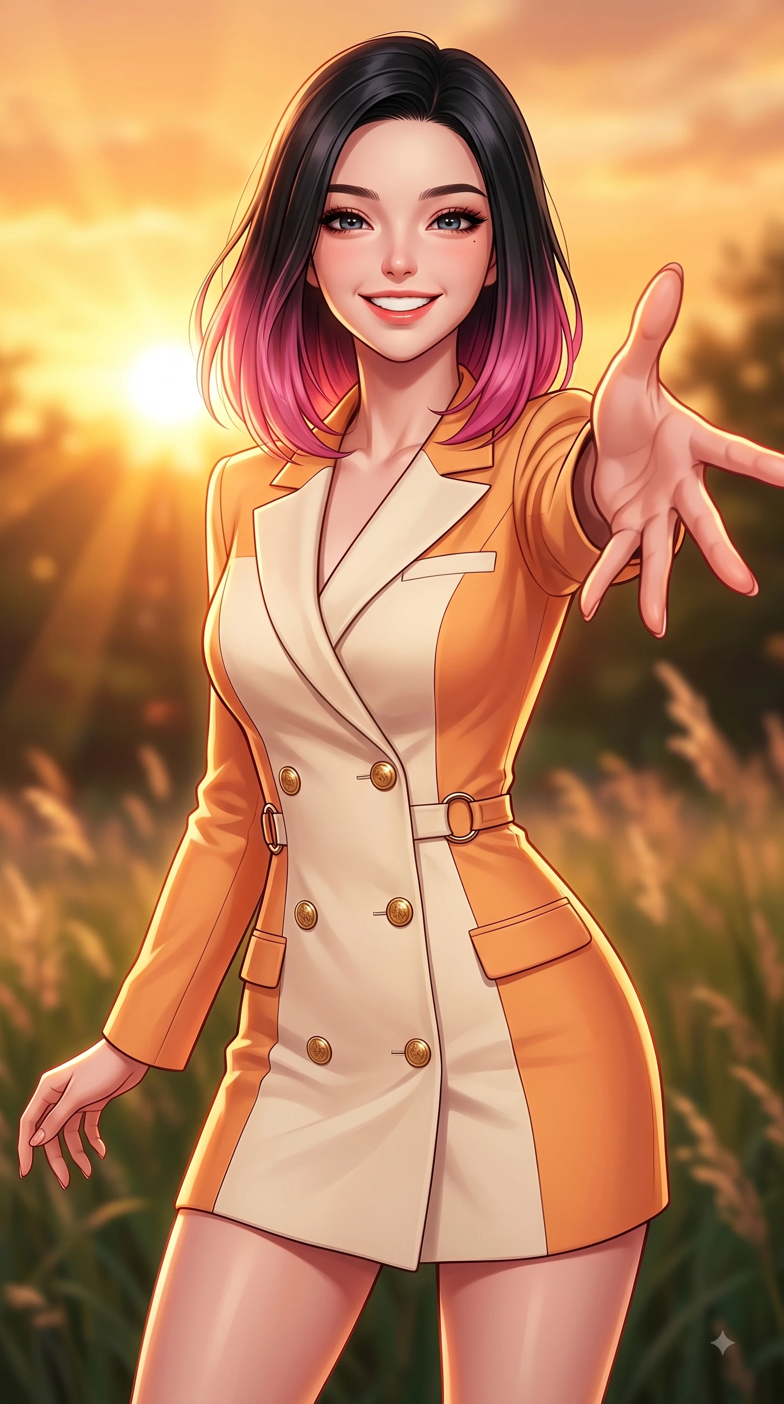 score_9, masterpiece, best quality, ultra-detailed, high-budget anime keyframe, editorial fashion photography, tasteful artistic composition, Korean woman. close-up cowboy shot from the waist and thighs up, the character dominates the composition, filling the frame with her large presence. Tilting her chin up with a sweet beaming smile of pure delight while balancing dynamically amidst the scene while reaching one hand out playfully toward the camera with a joyful, beaming smile. The composition keeps background elements in soft focus with dreamy bokeh. swaying park grasses and sunset sky gradients softened in dreamy background focus. She has an exceptionally elegant, slender, and willowy female figure with an ultra-slim waist, a gracefully sculpted slender torso, and a refined silhouette. sharp v-shaped jawline, high-bridge nose, intricate jewel-like eyes with depth, thick eyelashes, glossy lips with a natural sheen, flawlessly proportioned anatomical accuracy, natural body alignment, perfectly sculpted elegant limbs, clean dynamic posture without body distortion. wearing a sleek double-breasted blazer dress with gold button accents in warm apricot orange and cream white, tailored from fine wool crepe with clean lines, accented with subtle metallic ring hardware framing her waist, the tailored fabric tightly following every curve of her athletic build. bathed in glorious golden hour sunset sunbeams and warm amber sky radiance. highly saturated vibrant anime colors, detailed shading with soft gradients, rich glossy textures, high-contrast stereoscopic depth, volumetric dynamic lighting, master piece, 9:16 ratio