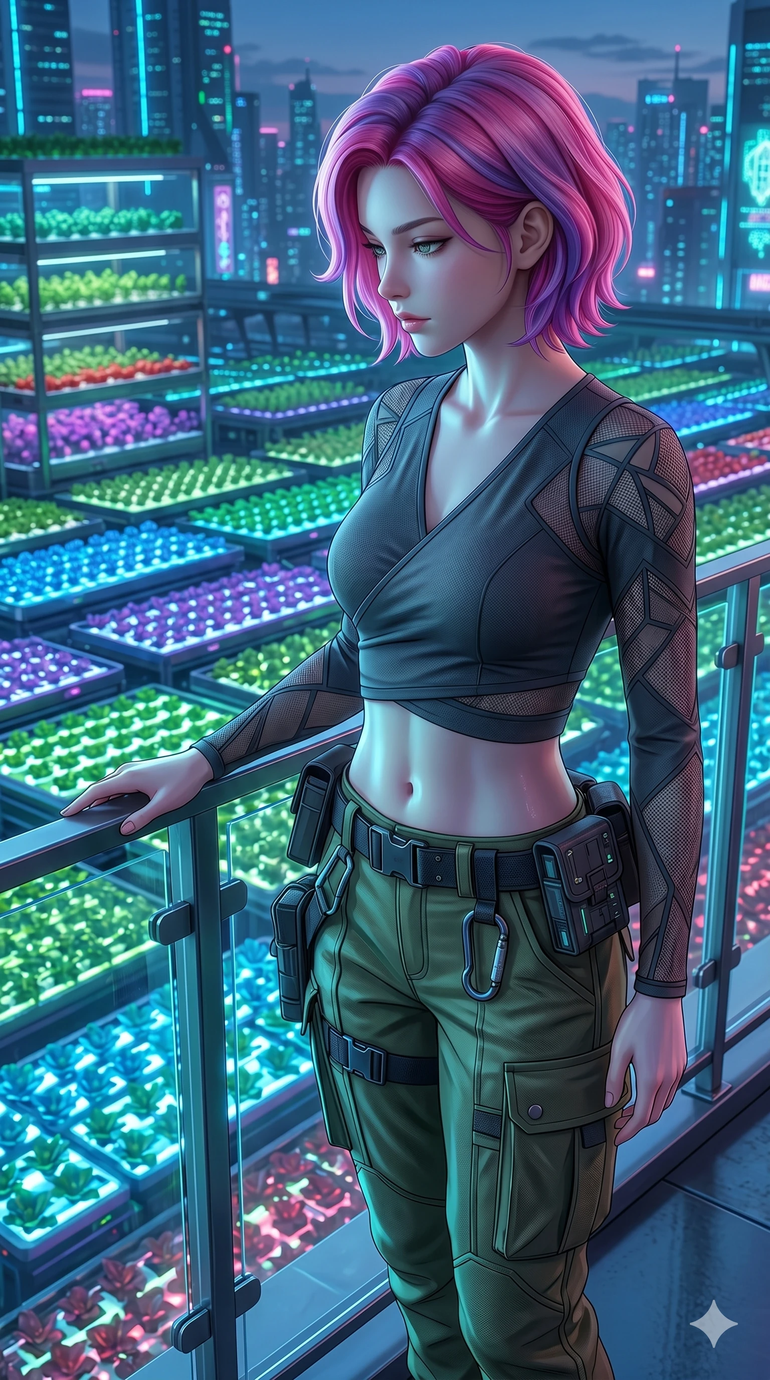 score_9, masterpiece, best quality, ultra-detailed, high-budget anime keyframe, semi-realistic 3D game render, Caucasian woman, strictly human ears. Upper body close-up from the thighs up, character filling the screen for maximum presence. Standing on a balcony overlooking a neon-lit organic farm, looking at the rows of glowing crops with a thoughtful, serene look. She is wearing a cropped wrap top with sheer panels and cargo pants with utility belt. The scene is illuminated by the blue and green light of the farm fields below. 2k, ultra detail, master piece, 9:16 ratio