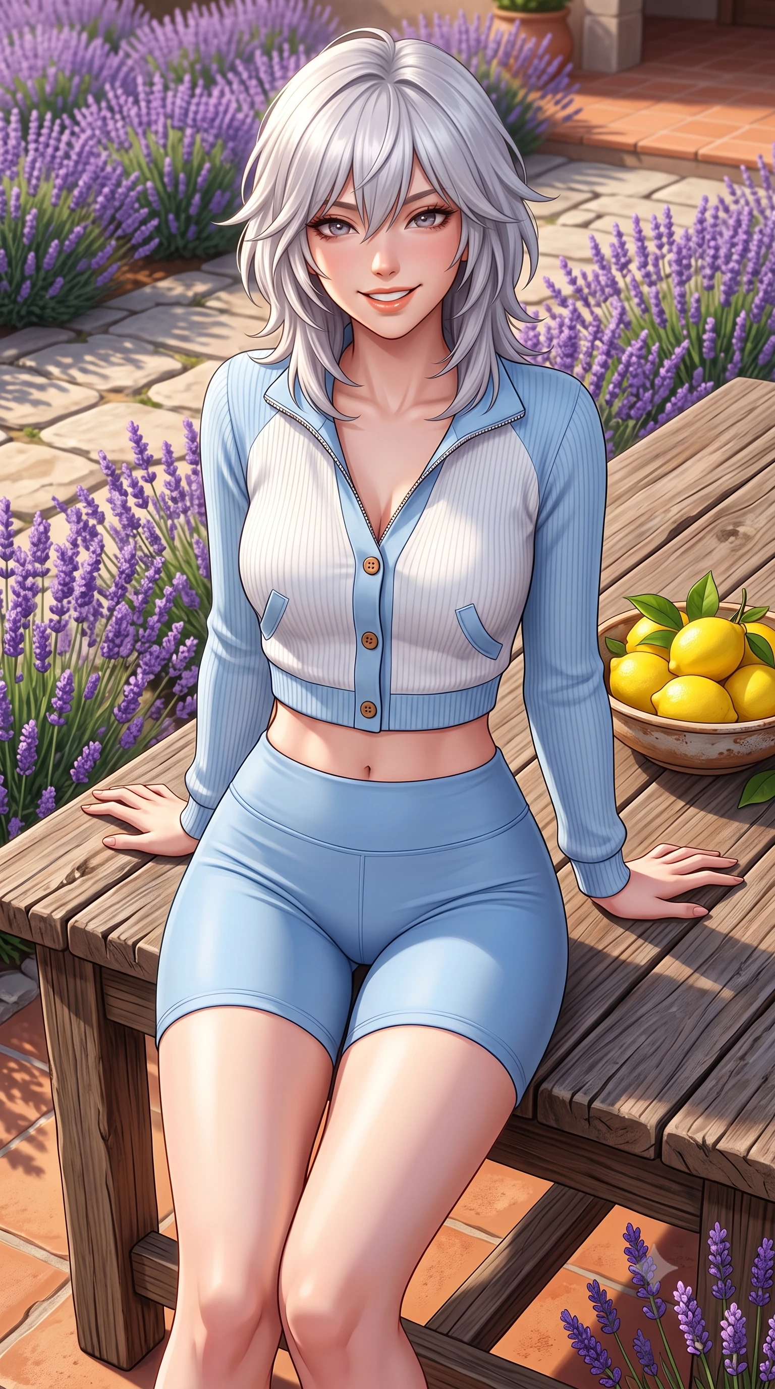 score_9, masterpiece, best quality, ultra-detailed, high-budget anime keyframe, semi-realistic 3D game render, editorial fashion photography, tasteful artistic composition, Japanese woman. close-up cowboy shot from the waist and thighs up, the character dominates the composition, filling the frame with her large presence. resting both hands lightly behind her back while leaning toward the lens with a cheerful, teasing grin, her form-fitting outfit hugging her narrow waist and feminine hip curve while sitting perched on a weathered wooden table beside a bowl of fresh yellow lemons, her long slender legs and curvy hips framed by blooming fields. The surrounding environment is rendered in vivid detail and crisp panoramic clarity. sharp limestone flagstone textures, lavender flower spike details, and weathered wood grain in deep focus. She has an exceptionally elegant, slender, and willowy female figure with an ultra-slim waist, flat toned midriff, narrow ribcage, and sculpted feminine hips creating an alluring, slim hourglass silhouette without bulk. sharp v-shaped jawline, high-bridge nose, intricate jewel-like sparkling eyes with depth, thick eyelashes, glossy parted lips with a natural peach sheen, bright cheerful beaming smile with an enchanting and coquettish sensual glint, exuding both youthful cute charm and seductive allure, flawlessly proportioned anatomical accuracy, strict slender model proportions, natural body alignment, perfectly sculpted long slender limbs, ultra-slim waistline, clean dynamic posture without body distortion. wearing a sporty chic zip-up crop jacket paired with high-waisted biker shorts clinging to her athletic hips in soft baby blue and crisp cloud white, formed from supple second-skin stretch ribbed knit clinging to her form, finished with neat front wooden buttons and delicate pocket details, the form-contouring cut accentuating her sculpted flat midriff, narrow delicate ribcage, and gracefully curvy hips with supermodel precision. illuminated by warm terracotta terrace bounce fill sharply sculpting her sculpted collarbones, ultra-slim waist, and curvy hips. highly saturated vibrant anime colors, detailed shading with soft gradients, rich glossy textures, high-contrast stereoscopic depth, volumetric dynamic lighting, master piece, 9:16 ratio