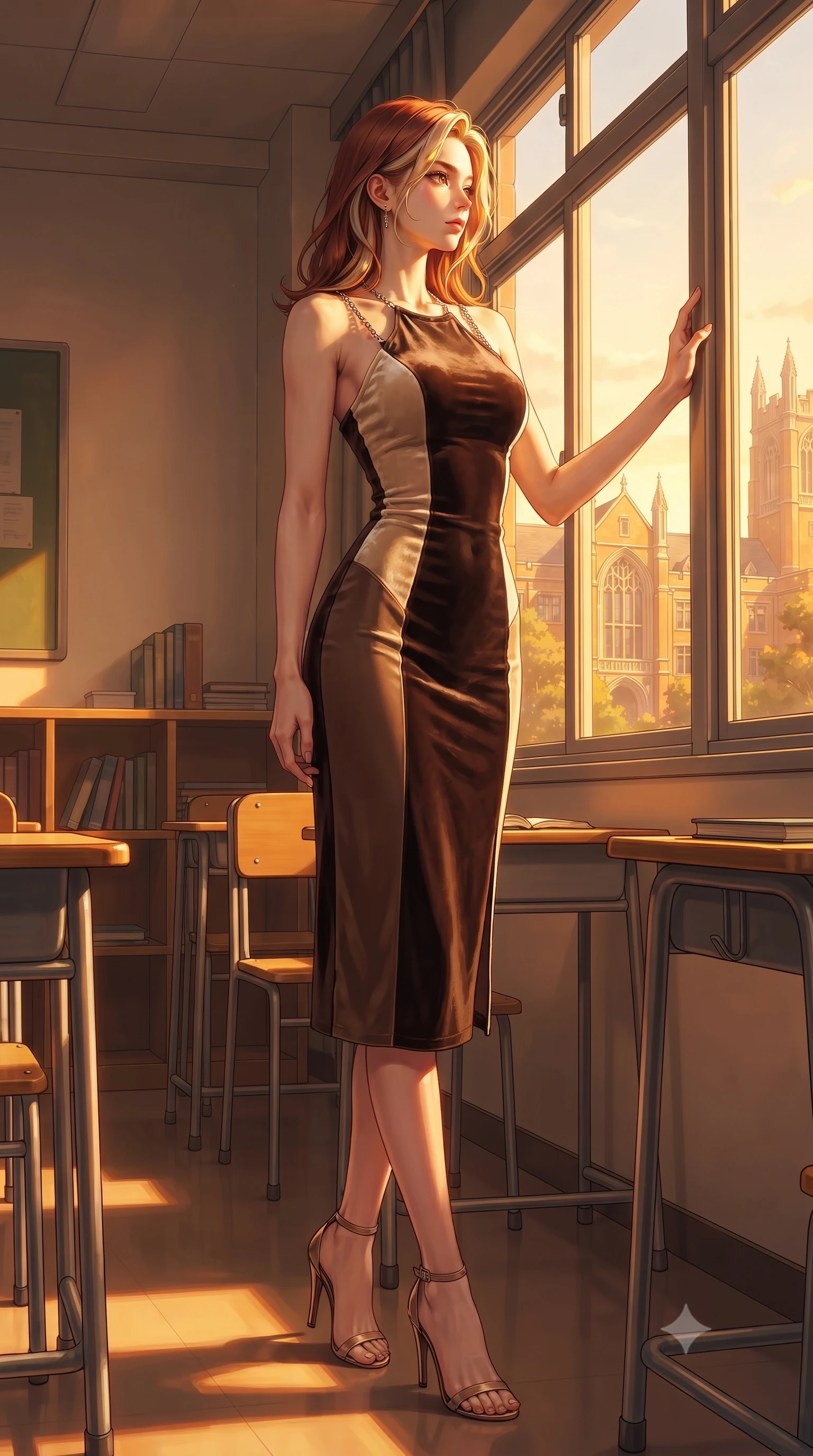 score_9, masterpiece, best quality, ultra-detailed, high-budget anime keyframe, editorial fashion photography, tasteful artistic composition, Caucasian woman. low angle full-body shot from head to toe showing her feet, filling the entire 9:16 vertical frame with her statuesque presence, stretching her vertical silhouette. navigating the luminous space with effortless poise, displaying her perfect model proportions looking out a large classroom window as golden sunlight fills the quiet room, warm amber glow illuminating the quiet architectural details of the campus. She has an absolutely perfect, statuesque 8.5-heads proportion, an exceptionally tall and slender model-like female figure with impossibly long slender legs and an ultra-slim waist. sharp v-shaped jawline, high-bridge nose, intricate jewel-like eyes with depth, thick eyelashes, glossy lips with a natural sheen. wearing a velvet halter-neck midi dress following her form like a glove in espresso brown and warm cream, made of fine carbon-fiber weave and soft matte leather, adorned with delicate metallic chain straps along the neckline, the tailored fabric tightly following every curve of her athletic build. bathed in brilliant golden hour sunset rays and warm amber ambient light. highly saturated vibrant anime colors, detailed shading with soft gradients, rich glossy textures, high-contrast stereoscopic depth, volumetric dynamic lighting, master piece, 9:16 ratio