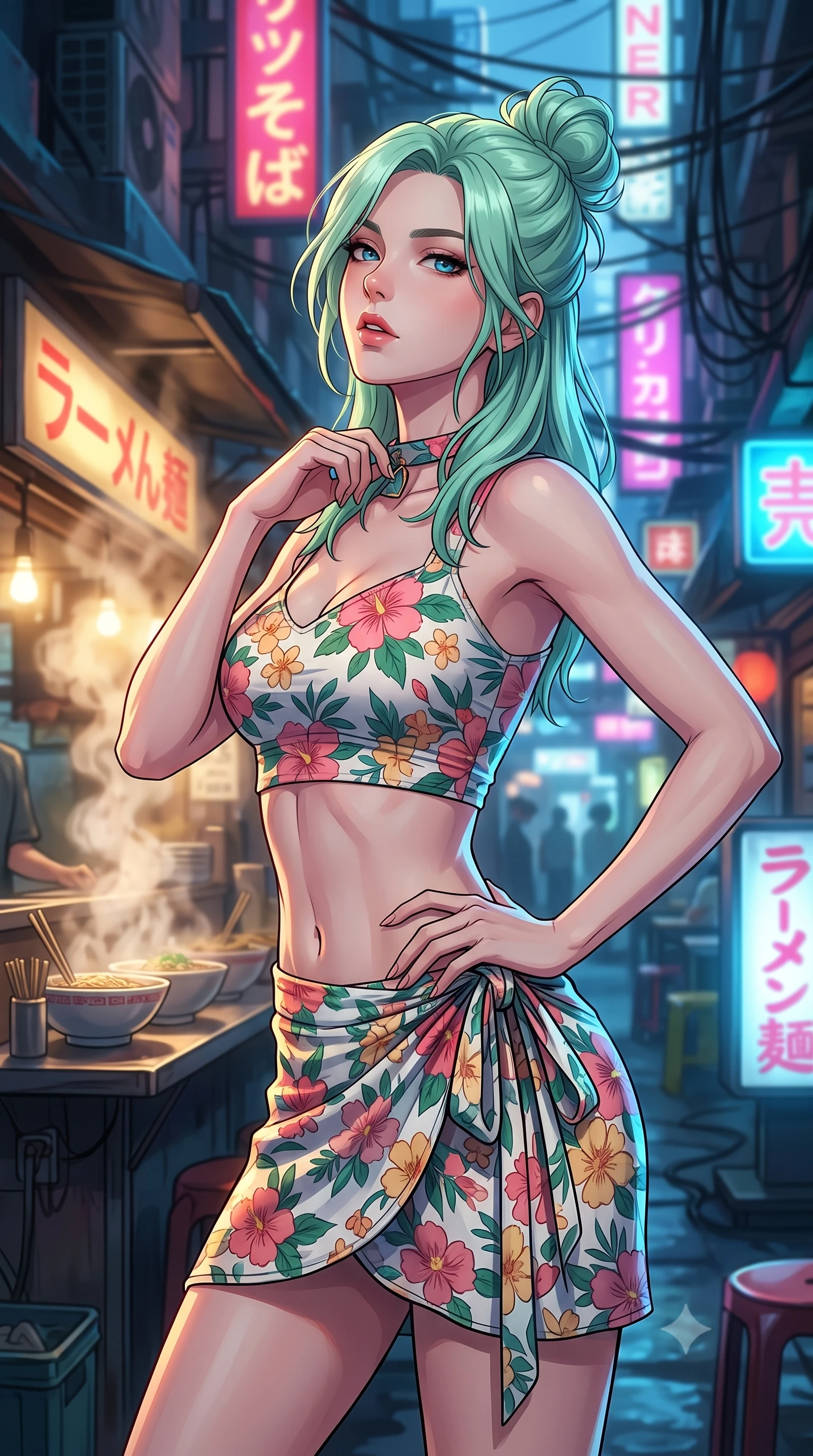 score_9, masterpiece, best quality, ultra-detailed, high-budget anime keyframe, tasteful artistic composition, Japanese woman. close-up cowboy shot from the waist and thighs up, the character dominates the composition, filling the frame with her large presence, background elements kept in soft focus. tilting her chin up slightly with lips parted in a composed, provocative expression the background shows a soft-focus a cyber-noir street market with steaming noodle stalls and neon signage. She has an exceptionally elegant, slender, and willowy female figure with an ultra-slim waist, a gracefully sculpted slender torso, and a refined silhouette. sharp v-shaped jawline, high-bridge nose, intricate jewel-like eyes with depth, thick eyelashes, glossy lips with a natural sheen. wearing a form-contouring summer vacation crop top and wrap skirt set in floral print cotton, showing her slim waist. dappled warm steam glow contrasting with cool blue shadow lighting. highly saturated vibrant anime colors, cel-shading, 2d style, master piece, 9:16 ratio