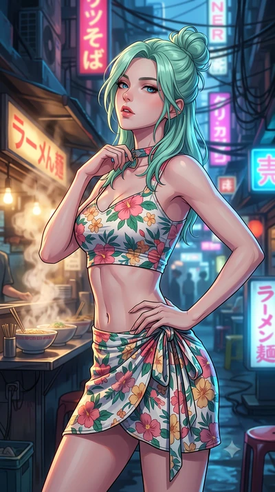 score_9, masterpiece, best quality, ultra-detailed, high-budget anime keyframe, tasteful artistic composition, Japanese woman. close-up cowboy shot from the waist and thighs up, the character dominates the composition, filling the frame with her larg