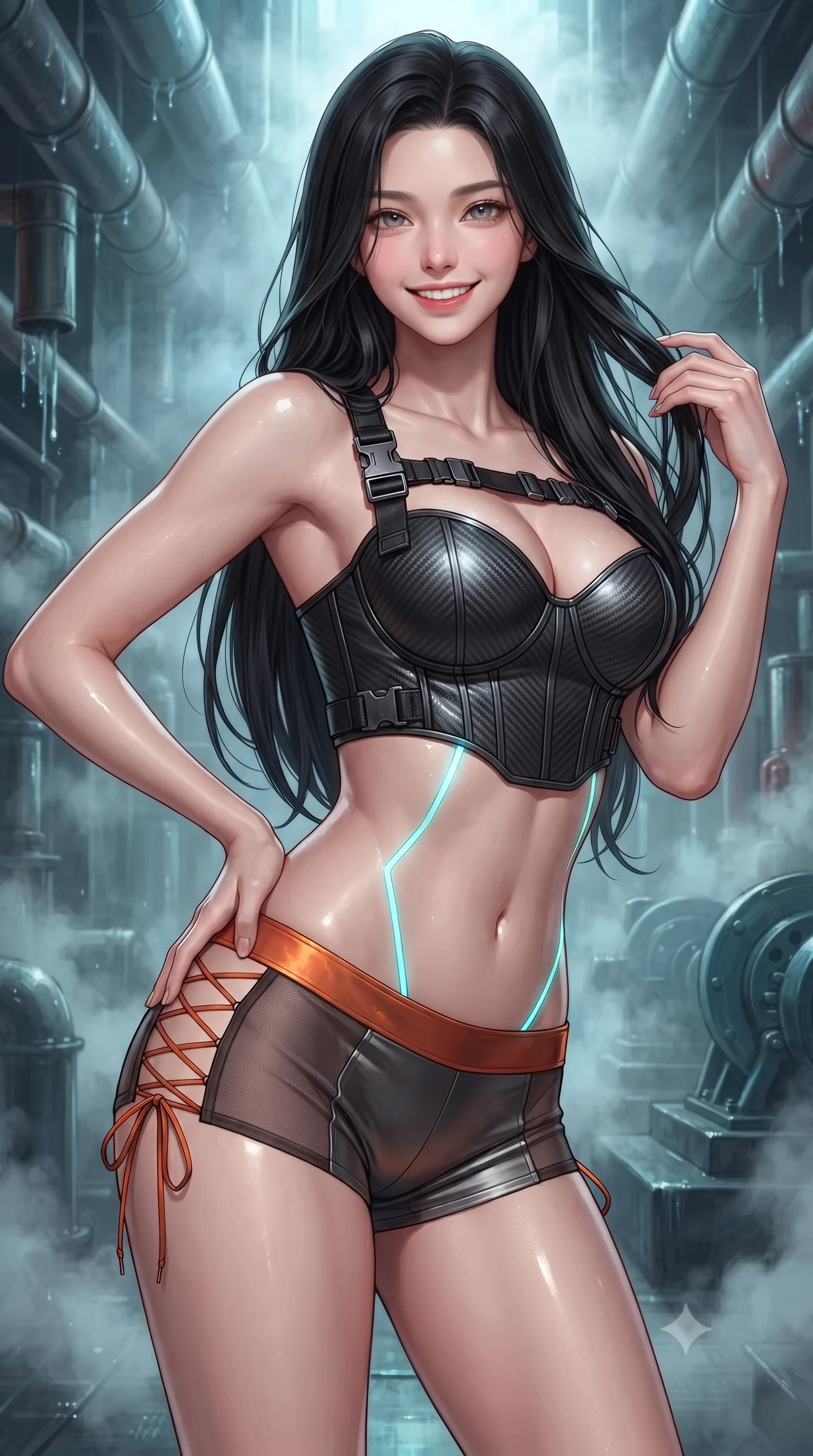 score_9, masterpiece, best quality, ultra-detailed, high-budget anime keyframe, editorial fashion photography, tasteful artistic composition, Korean woman. close-up cowboy shot from the waist and thighs up, the character dominates the composition, filling the frame with her large presence. twisting her slender torso in an alluring contrapposto stance, one hand resting on her sculpted hip while her fingers toy with her hair with effortless poise while twisting her slender torso in an alluring S-curve between condensation-dripping pipes, cyan LED hazard lines tracing her flat midriff and hourglass curves. The background shows a soft-focus dense mineral thermal vapor softened in geothermal turbine cathedral shallow focus. She has an exceptionally elegant, slender, and willowy female figure with an ultra-slim waist, flat toned midriff, narrow ribcage, and sculpted feminine hips creating an alluring, slim hourglass silhouette without bulk. sharp v-shaped jawline, high-bridge nose, intricate jewel-like sparkling eyes with depth, thick eyelashes, glossy parted lips with a natural peach sheen, bright cheerful beaming smile with an enchanting and coquettish sensual glint, exuding both youthful cute charm and seductive allure, flawlessly proportioned anatomical accuracy, strict slender model proportions, natural body alignment, perfectly sculpted long slender limbs, ultra-slim waistline, clean dynamic posture without body distortion. wearing a sculpted carbon-fiber underwire crop corset with tactical buckle straps paired with low-rise micro shorts in volcanic ember orange and brushed gunmetal, featuring strategic sheer-illusion tulle side panels framing her ribcage and hips, featuring fine criss-cross lace-up side ties revealing tantalizing glimpses of her hip curve, the form-contouring silhouette accentuating her sculpted flat midriff, narrow delicate ribcage, and gracefully curvy hips with intoxicating allure. illuminated by wet basalt reflection bounce and sharp electric-cyan rim lights defining her dewy collarbones, ultra-slim waist, and curvy hips. ultra-reflective glossy finish, specular highlights, rich textural contrasts, high-contrast stereoscopic depth, volumetric dynamic lighting, 2k, ultra detail, master piece, 9:16 ratio