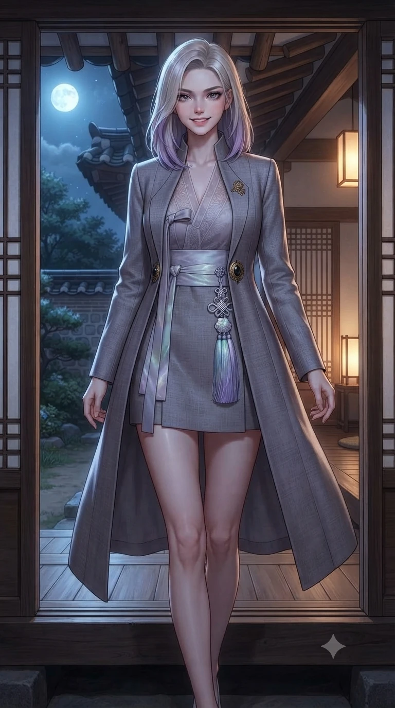 score_9, masterpiece, best quality, ultra-detailed, high-budget anime keyframe, editorial fashion photography, tasteful artistic composition, Caucasian woman. close-up cowboy shot from the waist and thighs up, the character dominates the composition, filling the frame with her large presence. smiling with quiet, magnetic self-assurance directly into the camera, her sculpted waistline catching specular moonbeam highlights while stepping gracefully over the raised wooden threshold, her long slender legs and curvy hourglass hips commanding the frame. The surrounding environment is rendered in vivid detail and crisp panoramic clarity: detailed deep V-neck sheer hanbok blouse tailoring, silk bandeau, and historic architectural framing in razor-sharp clarity. She has an exceptionally elegant, slender, and willowy female figure with an ultra-slim waist, flat toned midriff, narrow ribcage, and sculpted feminine hips creating an alluring, slim hourglass silhouette without bulk. sharp v-shaped jawline, high-bridge nose, sparkling eyes with hypnotic seductive depth, thick curled eyelashes, glossy parted lips with a natural dewy peach sheen, alluring bedroom-eyes with an enchanting coquettish smile, exuding magnetic siren charisma and sophisticated glamour, flawlessly proportioned anatomical accuracy, strict slender model proportions, natural body alignment, perfectly sculpted long slender limbs, ultra-slim waistline, clean dynamic posture without body distortion. wearing a bespoke high-neck modernized hanbok coat dress with an architectural collar and silk norigae knot tie in iridescent mother-of-pearl and misty lavender, woven from bespoke Korean ramie fabric with crisp tactile slub texture, accented with an authentic engraved gold medallion and obsidian cabochons, the impeccably tailored cut draping gracefully along her slender figure with aristocratic eastern poise. bathed in dual lighting: cool silver moonlight from the exterior garden contrasting with warm 2700K lantern glow from within. ultra-reflective glossy finish, specular highlights, rich textural contrasts, high-contrast stereoscopic depth, volumetric dynamic lighting, 2k, ultra detail, master piece, 9:16 ratio