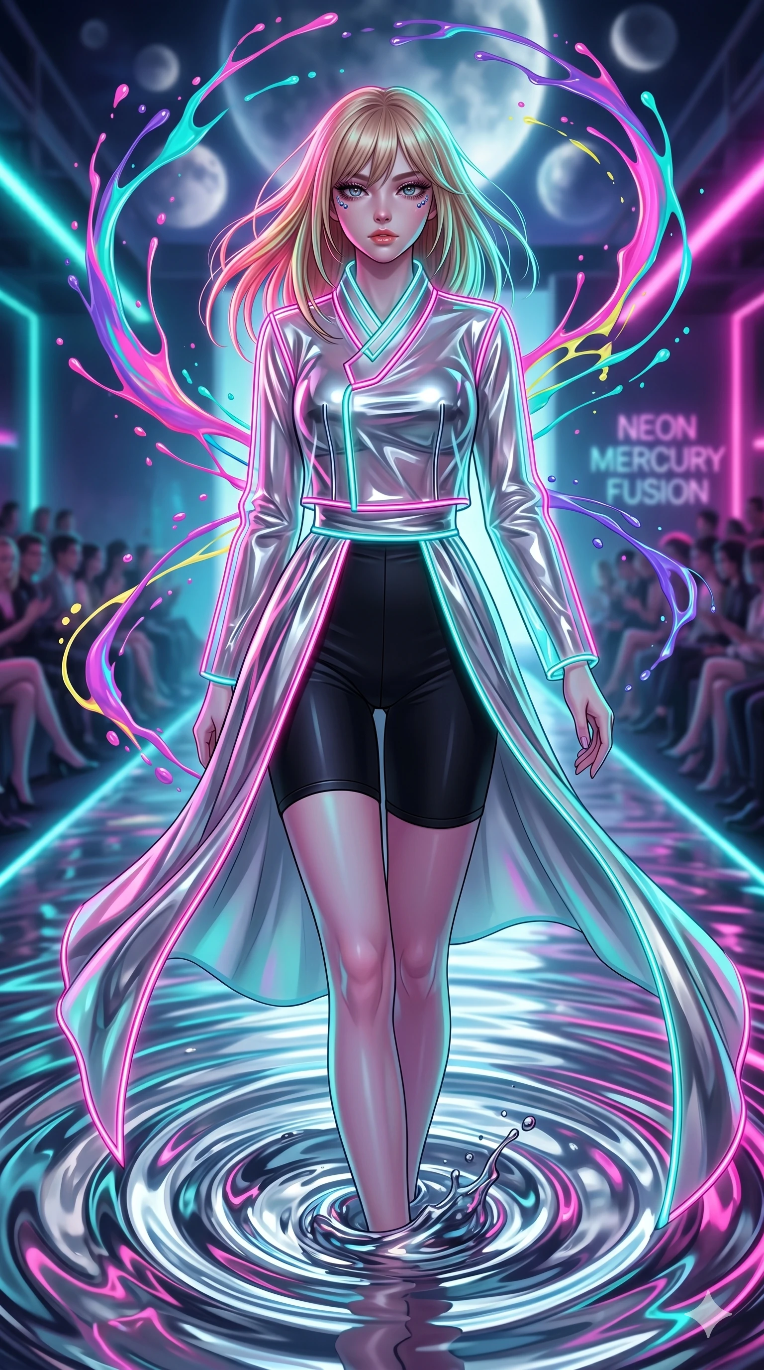 score_9, masterpiece, best quality, ultra-detailed, high-budget anime keyframe, editorial fashion photography, tasteful artistic composition, Japanese woman. upper body close-up from the thighs up, character filling the screen for maximum presence. swirling in a vortex of on a runway of liquid mercury reflecting a sky filled with multiple moons while streams of liquid neon paint splash and form glowing halos. She has an absolutely perfect 8-heads proportion, an exceptionally tall and slender female figure with impossibly long slender legs and an ultra-slim waist. V-shaped jawline, high-bridge nose, intricate jewel-like eyes with depth, thick eyelashes, glossy lips with a natural sheen.. wearing a vinyl liquid silver fusion hanbok, featuring a translucent chrome-silver vinyl jeogori, high-waist black high-waist fitted shorts, and glowing neon wire trims with a refined V-neckline detail. lit by intense neon pink and turquoise dual-tone backlighting, creating a futuristic mood. 2k, ultra detail, master piece, 9:16 ratio