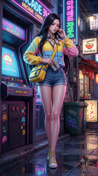 score_9, masterpiece, best quality, ultra-detailed, high-budget anime keyframe, semi-realistic 3D game render, editorial fashion photography, tasteful artistic composition, Korean woman. low angle full-body shot from head to toe showing her feet, fil