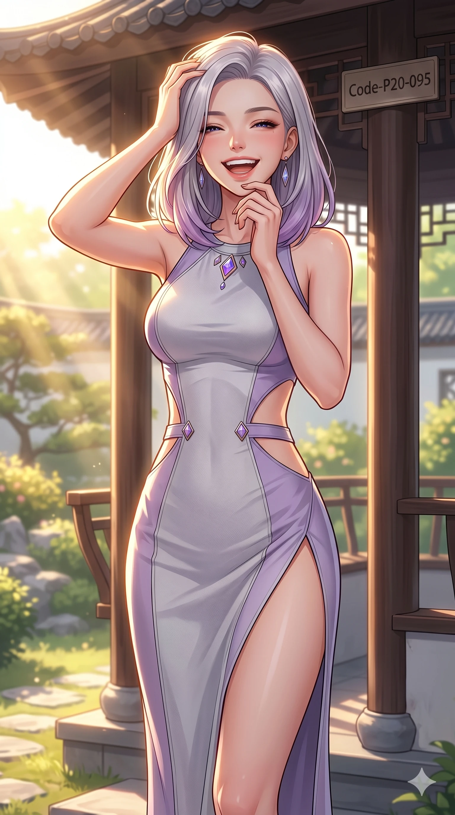 score_9, masterpiece, best quality, ultra-detailed, high-budget anime keyframe, vibrant anime aesthetic, Caucasian woman, strictly human ears. cowboy shot from the thighs up, character and outfit filling the frame for maximum presence. She is laughing happily while running her fingers through her hair in the sun by a quiet outdoor tea pavilion with sunbeams (Code-P20-095). She has an absolutely perfect 8-heads proportion, an exceptionally tall and slender female figure with impossibly long slender legs and an ultra-slim waist. V-shaped jawline, high-bridge nose, intricate jewel-like eyes with depth, thick eyelashes, glossy lips with a natural sheen. wearing a bodycon dress with side cut-outs and high-slit. She is drenched in warm morning sunshine, tracing the elegant lines of her shoulders. 2k, ultra detail, master piece, 9:16 ratio