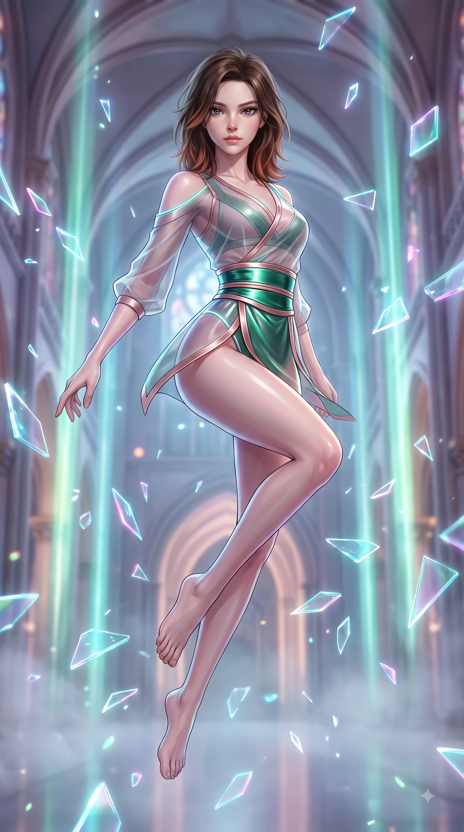 score_9, masterpiece, best quality, ultra-detailed, high-budget anime keyframe, semi-realistic 3D game render, editorial fashion photography, tasteful artistic composition, Korean woman. low angle full-body shot from head to toe showing her feet, filling the entire 9:16 vertical frame with her statuesque presence, stretching her vertical silhouette. performing an alluring mid-air vault with flawless poise, looking directly into the camera with smoldering intensity while pivoting dynamically amidst a suspended vortex of glowing neon glass shards inside a grand cyber-cathedral. The composition keeps background elements in soft focus with creamy bokeh. holographic light beams and atmospheric fog softened by creamy shallow focus. She has an absolutely perfect, statuesque 8.5-heads proportion, an exceptionally tall and slender model-like female figure with impossibly long slender legs and an ultra-slim waist. sharp v-shaped jawline, high-bridge nose, intricate jewel-like eyes with depth, thick eyelashes, glossy lips with a natural sheen, flawlessly proportioned anatomical accuracy, natural body alignment, perfectly sculpted elegant limbs, clean dynamic posture without body distortion. wearing a shortened cyber-fusion wrap top with transparent chiffon panels, a deep crossover neckline, and a high-waisted metallic sash that accentuates her ultra-slim waist in emerald green and metallic rose gold trim, crafted from ultra-reflective second-skin latex with a glass-like polish, accented with glowing fiber-optic seams tracing her collarbones and hip curves, the daring cutouts accentuating her delicate midriff, graceful collarbones, and feminine contour. surrounded by an awe-inspiring, ethereal, and breathtakingly dramatic cathedral atmosphere. highly saturated vibrant anime colors, detailed shading with soft gradients, rich glossy textures, high-contrast stereoscopic depth, volumetric dynamic lighting, master piece, 9:16 ratio
