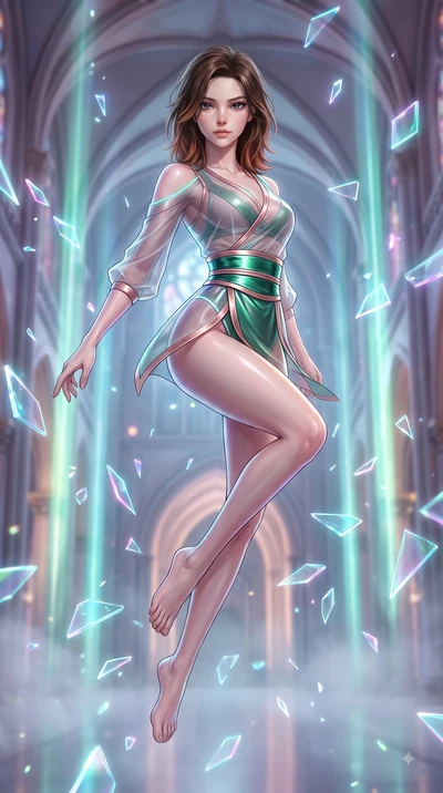 score_9, masterpiece, best quality, ultra-detailed, high-budget anime keyframe, semi-realistic 3D game render, editorial fashion photography, tasteful artistic composition, Korean woman. low angle full-body shot from head to toe showing her feet, fil