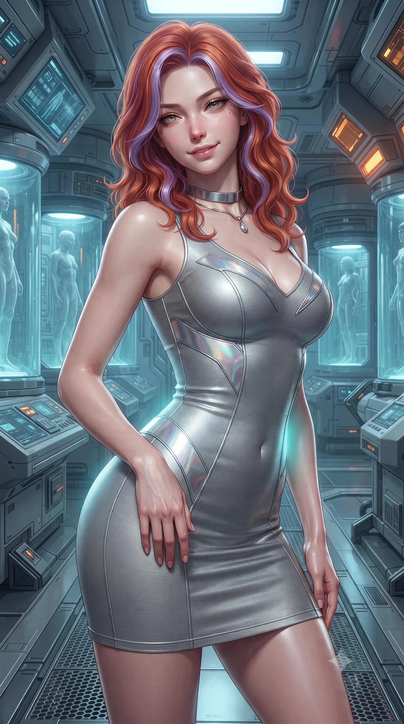 score_9, masterpiece, best quality, ultra-detailed, high-budget anime keyframe, editorial fashion photography, tasteful artistic composition, Caucasian woman. close-up cowboy shot from the waist and thighs up, the character dominates the composition, filling the frame with her large presence. tilting her head with a teasing half-smile, running one hand slowly down the side of her hip in a flirtatious S-curve as ambient light caresses her silhouette while twisting her slender torso in an alluring contrapposto stance, soft cyan bioluminescent reconstruction lights illuminating her narrow waist and curvy hips. The surrounding environment is rendered in vivid detail and crisp panoramic clarity: detailed tactical bodysuit lines, sleek wet-look sheen, and sterile cryogenic research architecture in razor-sharp precision. She has an exceptionally elegant, slender, and willowy female figure with an ultra-slim waist, flat toned midriff, narrow ribcage, and sculpted feminine hips creating an alluring, slim hourglass silhouette without bulk. sharp v-shaped jawline, high-bridge nose, intricate jewel-like sparkling eyes with depth, thick eyelashes, glossy parted lips with a natural peach sheen, bright cheerful beaming smile with an enchanting and coquettish sensual glint, exuding both youthful cute charm and seductive allure, flawlessly proportioned anatomical accuracy, strict slender model proportions, natural body alignment, perfectly sculpted long slender limbs, ultra-slim waistline, clean dynamic posture without body distortion. wearing a dense bandage-knit tactical officer dress with subtle geometric chest accents contouring her delicate ribcage and feminine hips in iridescent mother-of-pearl and liquid molten silver, tailored from high-density tech-wool with subtle metallic thread weave, finished with a minimalist chrome choker and a single teardrop diamond pendant, the bespoke structured tailoring following the natural line of her 8.5-heads silhouette with refined elegance. bathed in cool 8000K clinical bio-luminescence mixed with warm amber emergency threshold lights. ultra-reflective glossy finish, specular highlights, rich textural contrasts, high-contrast stereoscopic depth, volumetric dynamic lighting, 2k, ultra detail, master piece, 9:16 ratio