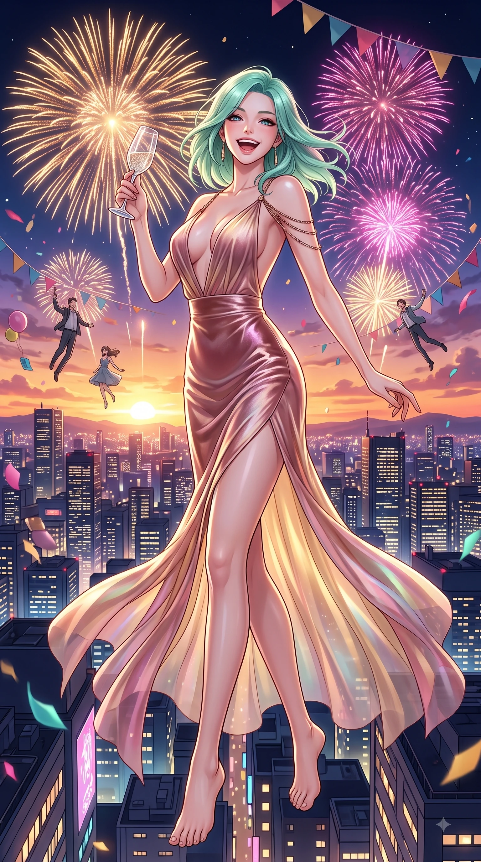 score_9, masterpiece, best quality, ultra-detailed, high-budget anime keyframe, editorial fashion photography, tasteful artistic composition, Japanese woman. low angle full-body shot from head to toe showing her feet, filling the entire 9:16 vertical frame with her statuesque presence, stretching her vertical silhouette. pivoting dynamically in zero-gravity with a delighted laughing expression, displaying her perfect model proportions while raising a crystal glass with a radiant bright smile during a sunset rooftop celebration, spectacular golden and magenta fireworks bursting in the background night skyline. She has an absolutely perfect, statuesque 8.5-heads proportion, an exceptionally tall and slender model-like female figure with impossibly long slender legs and an ultra-slim waist. sharp v-shaped jawline, high-bridge nose, intricate jewel-like eyes with depth, thick eyelashes, glossy lips with a natural sheen, flawlessly proportioned anatomical accuracy, natural body alignment, perfectly sculpted elegant limbs, clean dynamic posture without body distortion. wearing a translucent iridescent chiffon gown with a plunging neckline and open back in dusty rose and champagne gold, made of premium stretch velvet with a rich sheen, adorned with delicate metallic chain straps along the neckline, the glove-like fit emphasizing her statuesque silhouette during motion. illuminated by cheerful city skyline backlighting and vibrant rim lights. highly saturated vibrant anime colors, detailed shading with soft gradients, rich glossy textures, high-contrast stereoscopic depth, volumetric dynamic lighting, master piece, 9:16 ratio