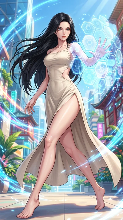 score_9, masterpiece, best quality, ultra-detailed, Set C: High-budget Anime Keyframe, Korean woman. Low angle cowboy shot filling the entire 9:16 frame with her statuesque presence. Summoning a shield made of hexagonal energy tiles. She has an absol