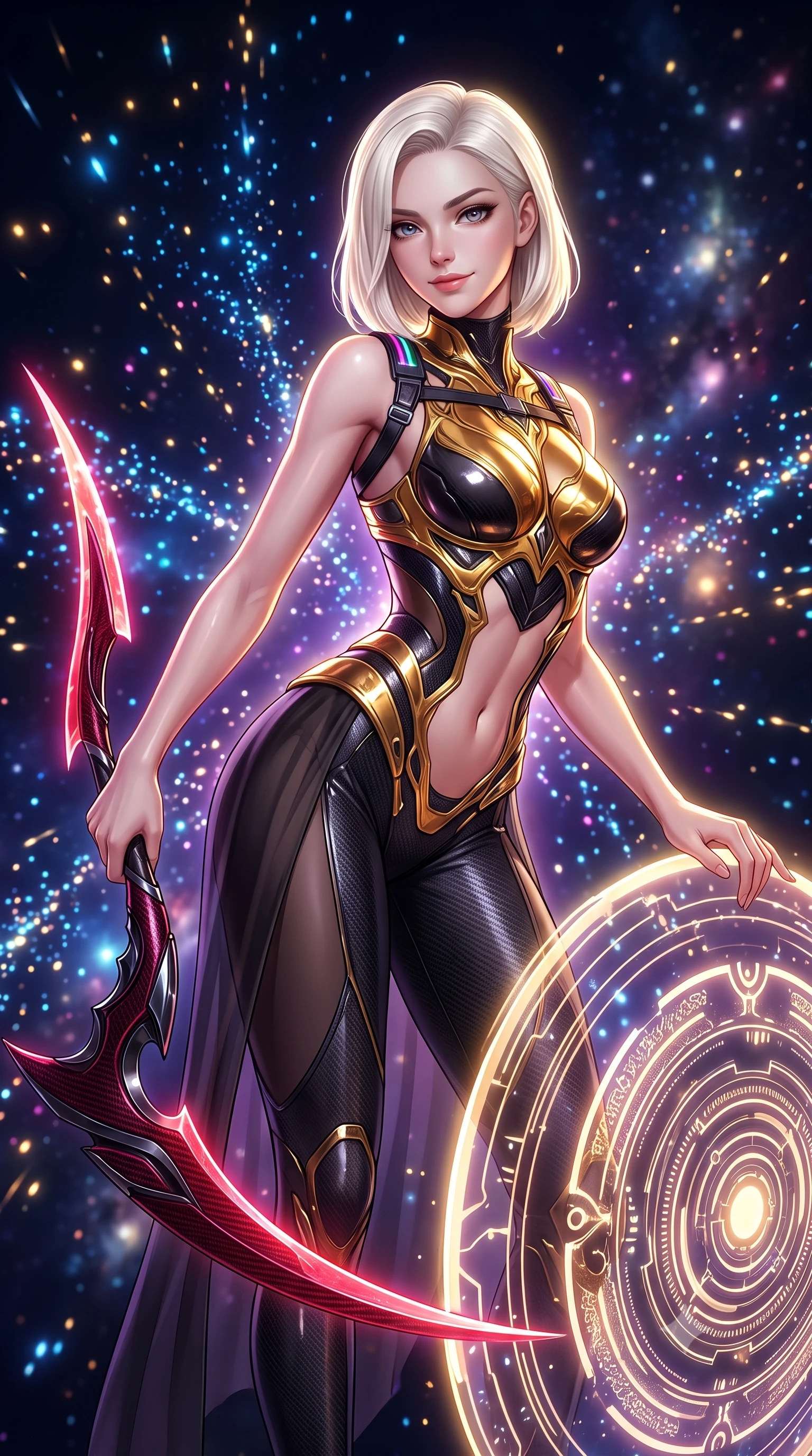 score_9, masterpiece, best quality, ultra-detailed, high-budget anime keyframe, semi-realistic 3D game render, editorial fashion photography, tasteful artistic composition, Caucasian woman. close-up cowboy shot from the waist and thighs up, the character dominates the composition, filling the frame with her large presence. stretching forward with an alluring arch of her spine, glancing over her shoulder with divine self-assurance and magnetic intensity while resting one hand on the edge of a floating energy shield with an omnipotent, sovereign smile looking into the camera lens. The composition keeps background elements in soft focus with creamy bokeh. sparkling quantum particle trails scattering celestial radiance across a deep space backdrop. She has an exceptionally elegant, slender, and willowy female figure with an ultra-slim waist, a gracefully sculpted slender torso, toned flat midriff, and a refined slim silhouette. sharp v-shaped jawline, high-bridge nose, intricate jewel-like eyes with depth, thick eyelashes, glossy lips with a natural sheen, flawlessly proportioned anatomical accuracy, strict slender model proportions, natural body alignment, perfectly sculpted long slender limbs, ultra-slim waistline, clean dynamic posture without body distortion. wearing a sculpted molten-gold and dark carbon cuirass paired with high-mobility combat leggings and sheer side drapes, wielding a glowing plasma energy scythe with fluid grace in deep crimson carbon weave with specular dark chrome accents, formed from high-gloss patent carbon-plating with specular chiaroscuro reflections, reinforced by a sleek titanium tactical harness and glowing micro-energy straps, the form-contouring material adhering flawlessly to her sculpted flat midriff and slender torso, emphasizing her long leg lines and perfectly proportioned willowy build. surrounded by an awe-inspiring, supreme, and radiantly transcendent cosmic guardian goddess aura. rich saturated anime colors with glowing neon highlights, detailed shading with soft gradients, rich glossy textures, high-contrast stereoscopic depth, volumetric dynamic lighting, master piece, 9:16 ratio