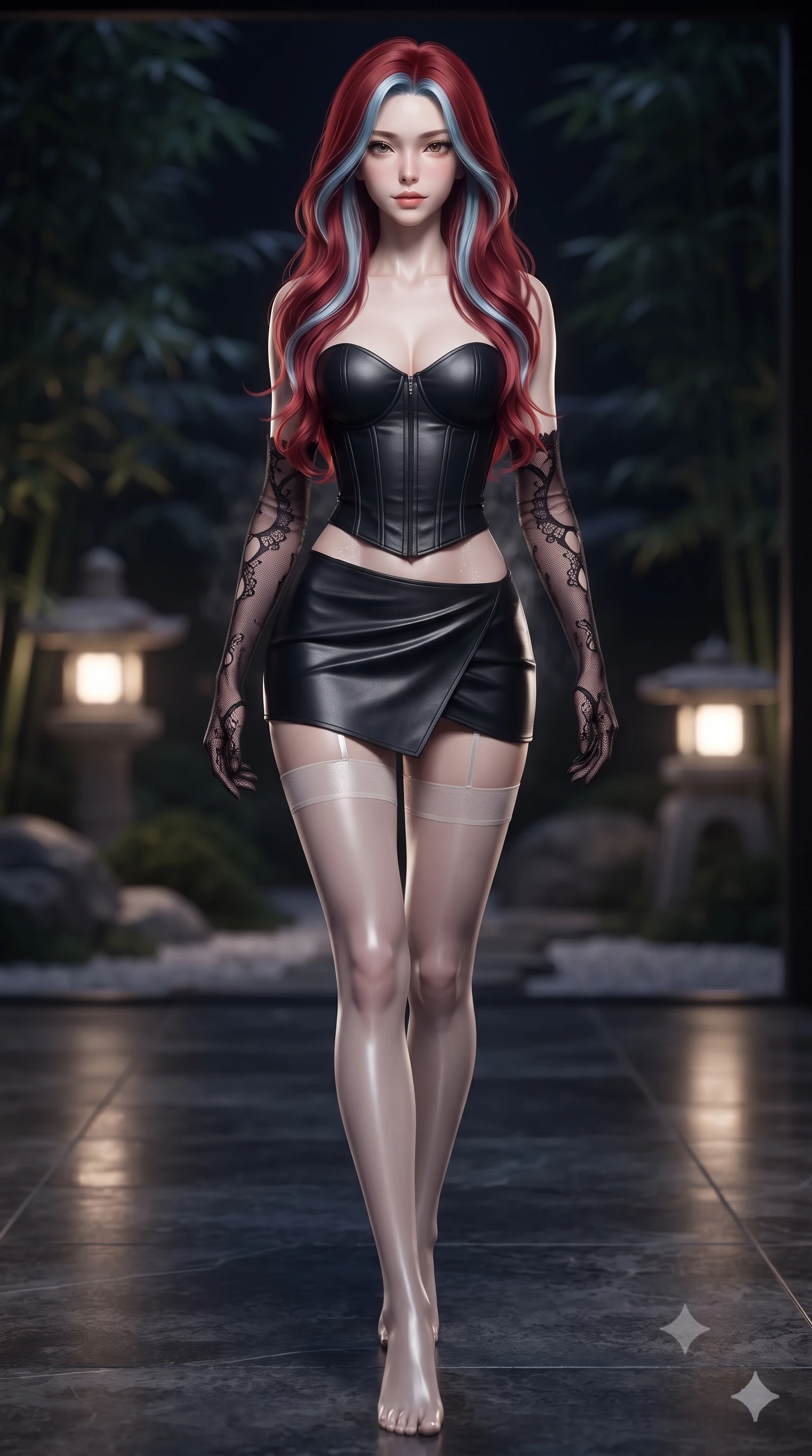 score_9, masterpiece, best quality, ultra-detailed, high-budget anime keyframe, editorial fashion photography, tasteful artistic composition, Caucasian woman. low angle full-body shot from head to toe showing her feet, filling the entire 9:16 vertical frame with her statuesque presence, stretching her vertical silhouette. stepping slowly toward the camera with hypnotic grace, hips swaying in an alluring sensual rhythm that accentuates her curvy hourglass silhouette and long slender legs while twisting her slender torso in an alluring contrapposto stance, black bamboo shadows and lantern light tracing her flat midriff and hips. The background shows a soft-focus stone garden lanterns glowing softly in serene Japanese luxury shallow focus. She has an absolutely perfect, statuesque 8.5-heads proportion, an exceptionally tall and slender model-like female figure with impossibly long slender legs, an ultra-slim waist, a flat toned midriff, narrow delicate ribcage, and beautifully sculpted feminine hips creating a graceful, slim hourglass silhouette without any bulky heaviness. sharp v-shaped jawline, high-bridge nose, sparkling eyes with hypnotic seductive depth, thick curled eyelashes, glossy parted lips with a natural dewy peach sheen, alluring bedroom-eyes with an enchanting coquettish smile, exuding magnetic siren charisma and sophisticated glamour, flawlessly proportioned anatomical accuracy, strict slender model proportions, natural body alignment, perfectly sculpted long slender limbs, ultra-slim waistline, clean dynamic posture without body distortion. wearing a structured boned leatherette corset bodice paired with an ultra-short micro-wrap mini skirt and sheer thigh-high stockings in pure pearl alabaster with platinum sheen, made of semi-opaque stretch illusion mesh with soft shadowy contours, complemented by sheer opera-length lace evening gloves tracing her slender arms, the precision-cut side openings and low-back scoop framing her graceful spine and the sensual sweep of her slim, toned hips. illuminated by hot water steam scatter and sharp silvery rim lights sculpting her jawline, narrow waist, and voluptuous hip curves. ultra-reflective glossy finish, specular highlights, rich textural contrasts, high-contrast stereoscopic depth, volumetric dynamic lighting, 2k, ultra detail, master piece, 9:16 ratio