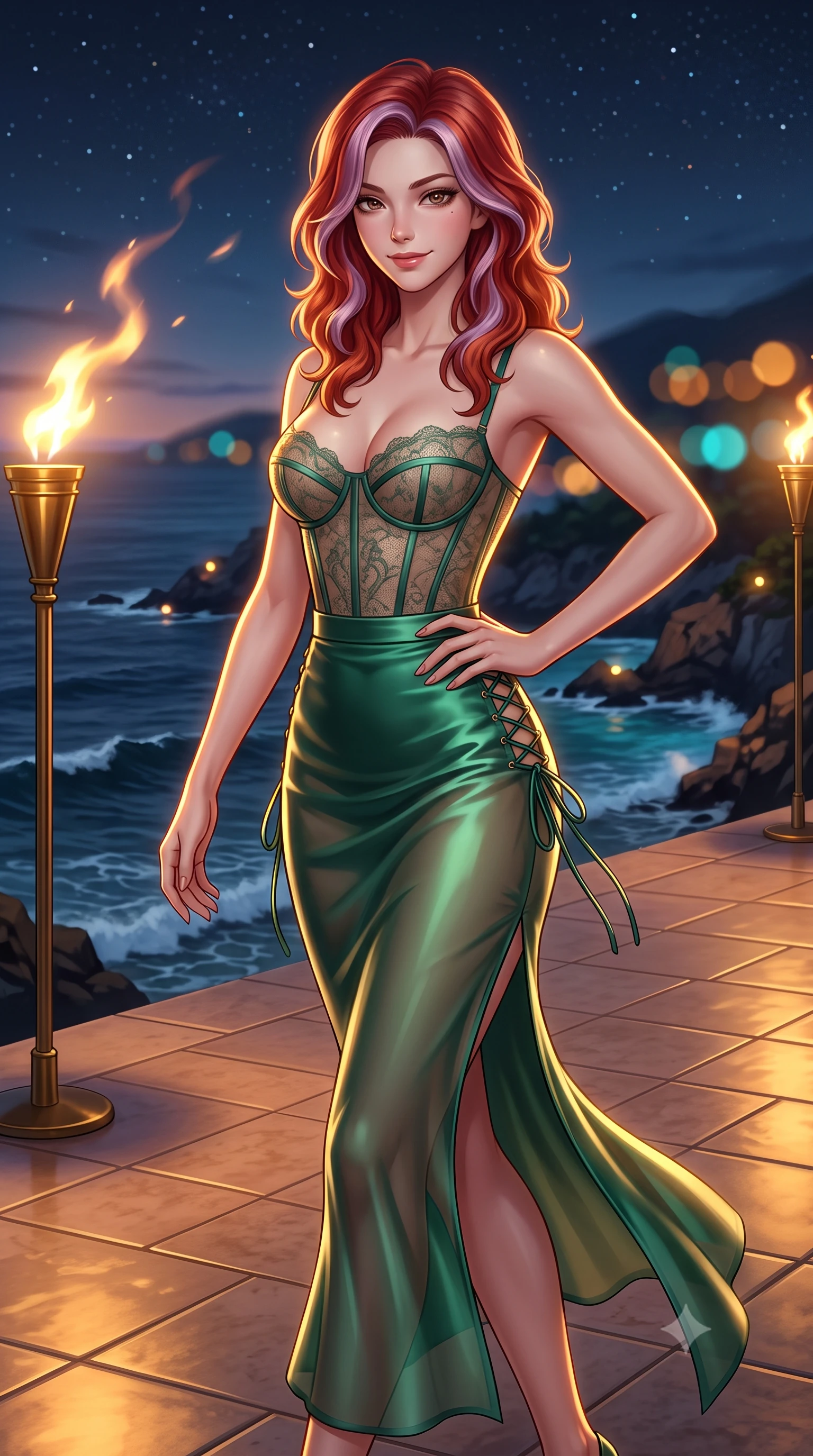 score_9, masterpiece, best quality, ultra-detailed, high-budget anime keyframe, semi-realistic 3D game render, editorial fashion photography, tasteful artistic composition, Caucasian woman. close-up cowboy shot from the waist and thighs up, the character dominates the composition, filling the frame with her large presence. tilting her head with a teasing half-smile, running one hand slowly down the side of her hip in a flirtatious S-curve as ambient light caresses her silhouette while walking slowly along the tiled terrace with tall model strides, evening sea breezes molding her sheer gown to her slender legs. The background shows a soft-focus flickering flame ribbons from brass torches, dark waves rolling into illuminated rocky inlets, and starry sky blurred into amber, turquoise, and obsidian bokeh. She has an exceptionally elegant, slender, and willowy female figure with an ultra-slim waist, flat toned midriff, narrow ribcage, and sculpted feminine hips creating an alluring, slim hourglass silhouette without bulk. sharp v-shaped jawline, high-bridge nose, intricate jewel-like sparkling eyes with depth, thick eyelashes, glossy parted lips with a natural peach sheen, bright cheerful beaming smile with an enchanting and coquettish sensual glint, exuding both youthful cute charm and seductive allure, flawlessly proportioned anatomical accuracy, strict slender model proportions, natural body alignment, perfectly sculpted long slender limbs, ultra-slim waistline, clean dynamic posture without body distortion. wearing a sculpted underwire corset in sheer British lace with exposed boning paired with a high-waisted sheer pencil skirt with back slit in French Concession jade green and gilded bronze, crafted from fluid liquid silk satin that clings smoothly to her narrow waist and rounded hips with a dewy sheen, featuring fine criss-cross lace-up side ties revealing tantalizing glimpses of her hip curve, the form-contouring silhouette accentuating her sculpted flat midriff, narrow delicate ribcage, and gracefully curvy hips with intoxicating allure. illuminated by terrace tile reflection bounce and sharp flame-gold rim lights sculpting her razor-sharp jawline, narrow waist, and curvy hips. highly saturated vibrant anime colors, detailed shading with soft gradients, rich glossy textures, high-contrast stereoscopic depth, volumetric dynamic lighting, master piece, 9:16 ratio