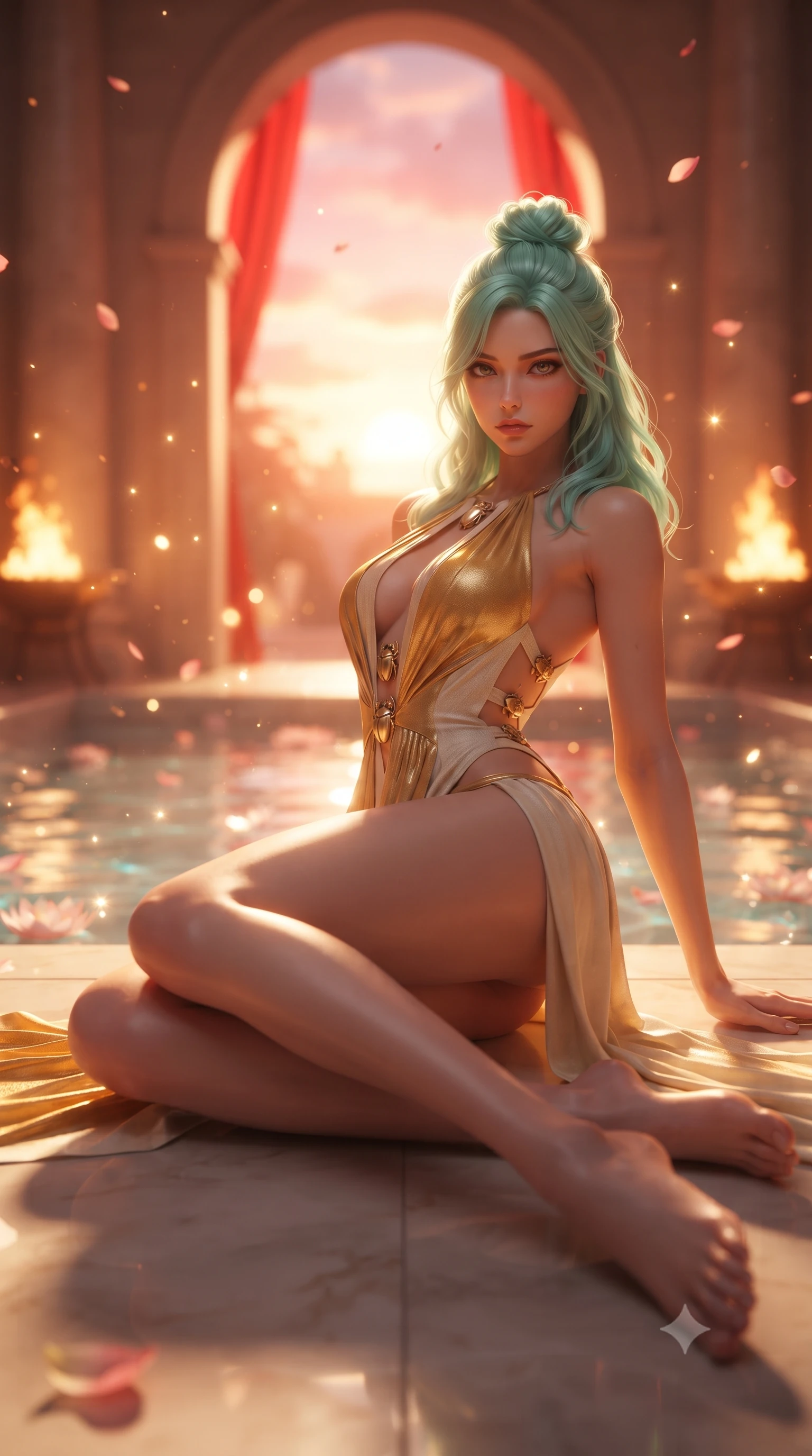 score_9, masterpiece, best quality, ultra-detailed, high-budget anime keyframe, editorial fashion photography, tasteful artistic composition, Japanese woman. low angle full-body shot from head to toe showing her feet, filling the entire 9:16 vertical frame with her statuesque presence, stretching her vertical silhouette. reclining on her side in an elegant Cleopatra pose with one knee drawn up, the dramatic contour of her rounded hips and long slender legs commanding the 9:16 vertical frame while pivoting gracefully on the polished alabaster temple floor, her sheer pleated gold drapery swirling around her statuesque hips and long legs. The composition keeps background elements in soft focus with creamy bokeh. sparkling pool caustics and floating lotus petals scattering radiant sunlight motes across the sanctuary. She has an absolutely perfect, statuesque 8.5-heads proportion, an exceptionally tall and slender model-like female figure with impossibly long slender legs, a toned flat midriff, an ultra-slim waist, and beautifully sculpted feminine hips. sharp v-shaped jawline, high-bridge nose, intricate jewel-like eyes with depth, thick eyelashes, glossy parted lips with a natural sheen, intensely captivating and seductive bedroom-eyes expression, flawlessly proportioned anatomical accuracy, strict slender model proportions, natural body alignment, perfectly sculpted long slender limbs, ultra-slim waistline, clean dynamic posture without body distortion. wearing a plunging halter-neck metallic lamé column dress with a dramatic bare spine and hip-defining ruching in warm honey yellow and natural linen cream, tailored from fluid silk crepe with delicate inner corsetry boning, finished with a dramatic open back secured by golden scarab clasps, the precision-cut side openings and low-back scoop framing her graceful spine and the sensual sweep of her hips. bathed in blazing crimson sunset backlighting and warm amber brazier fire uplights. ultra-reflective glossy finish, specular highlights, rich textural contrasts, high-contrast stereoscopic depth, volumetric dynamic lighting, 2k, ultra detail, master piece, 9:16 ratio