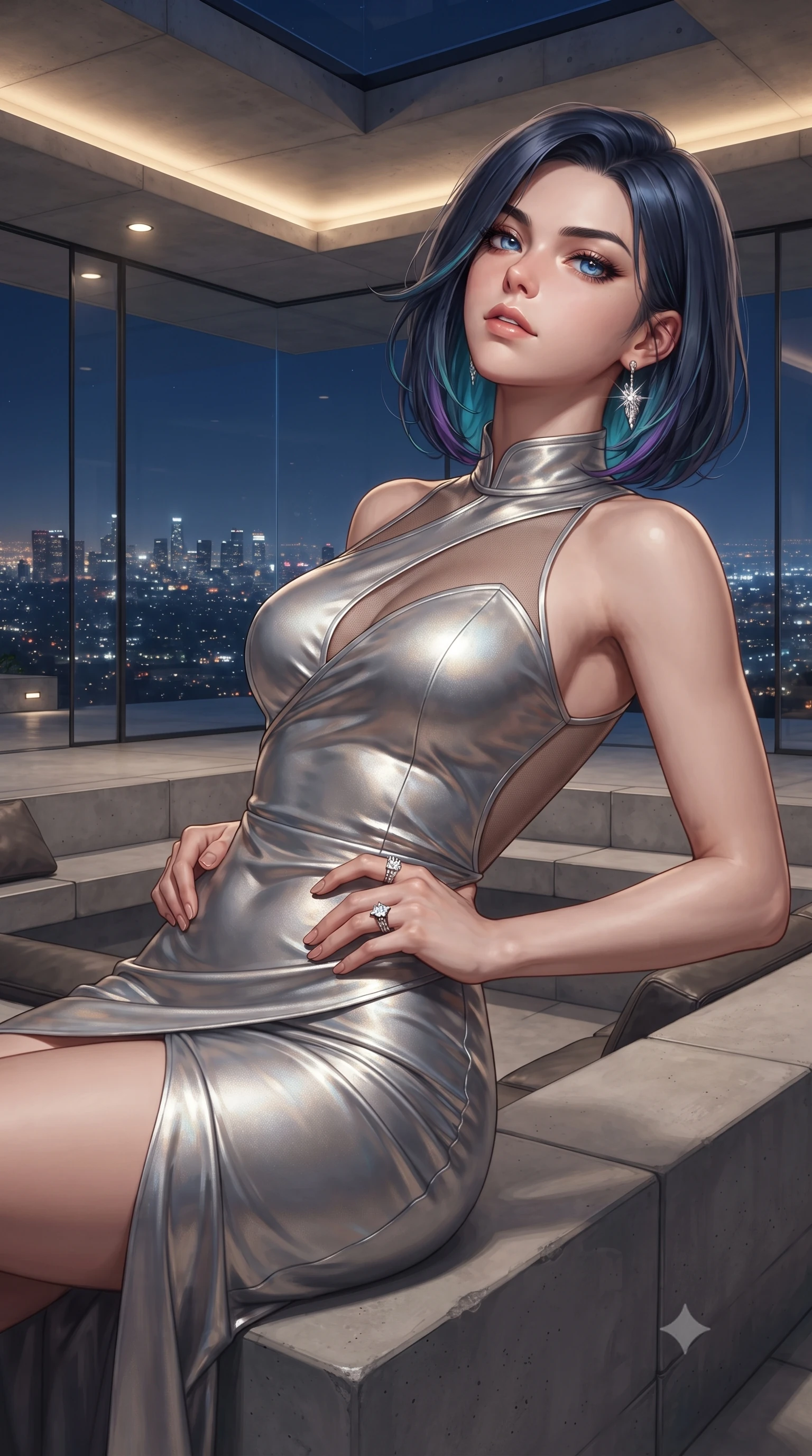 score_9, masterpiece, best quality, ultra-detailed, high-budget anime keyframe, editorial fashion photography, tasteful artistic composition, Caucasian woman. close-up cowboy shot from the waist and thighs up, the character dominates the composition, filling the frame with her large presence. tilting her chin up with proud, sovereign allure while gazing through thick eyelashes, one hand resting on her waist in pure supermodel charisma while lounging in the iconic angular concrete sunken living room, arching her back as the glittering Los Angeles city lights spread endlessly beyond frameless glass. The surrounding environment is rendered in vivid detail and crisp panoramic clarity. sharp architectural concrete board formwork seams, frameless glass wall edges, and leather upholstery stitching in deep focus. She has an exceptionally elegant, slender, and willowy female figure with an ultra-slim waist, flat toned midriff, narrow ribcage, and sculpted feminine hips creating an alluring, slim hourglass silhouette without bulk. sharp v-shaped jawline, high-bridge nose, intricate jewel-like eyes with depth, thick eyelashes, glossy parted lips with a natural sheen, intensely captivating and seductive bedroom-eyes expression, flawlessly proportioned anatomical accuracy, strict slender model proportions, natural body alignment, perfectly sculpted long slender limbs, ultra-slim waistline, clean dynamic posture without body distortion. wearing a wet-look silk fusion wrap dress with asymmetrical sheer mesh cutouts and high Mandarin collar in shimmering silver mercury and pearl white, tailored from liquid silk jersey adhering flawlessly to her slender build, complemented by a bold geometric choker and sparkling cocktail ring, the precision-cut side openings and low-back scoop framing her graceful spine and the sensual sweep of her slim, toned hips. bathed in warm recessed architectural cove lighting contrasting with cool blue night city ambient skylight. ultra-reflective glossy finish, specular highlights, rich textural contrasts, high-contrast stereoscopic depth, volumetric dynamic lighting, 2k, ultra detail, master piece, 9:16 ratio