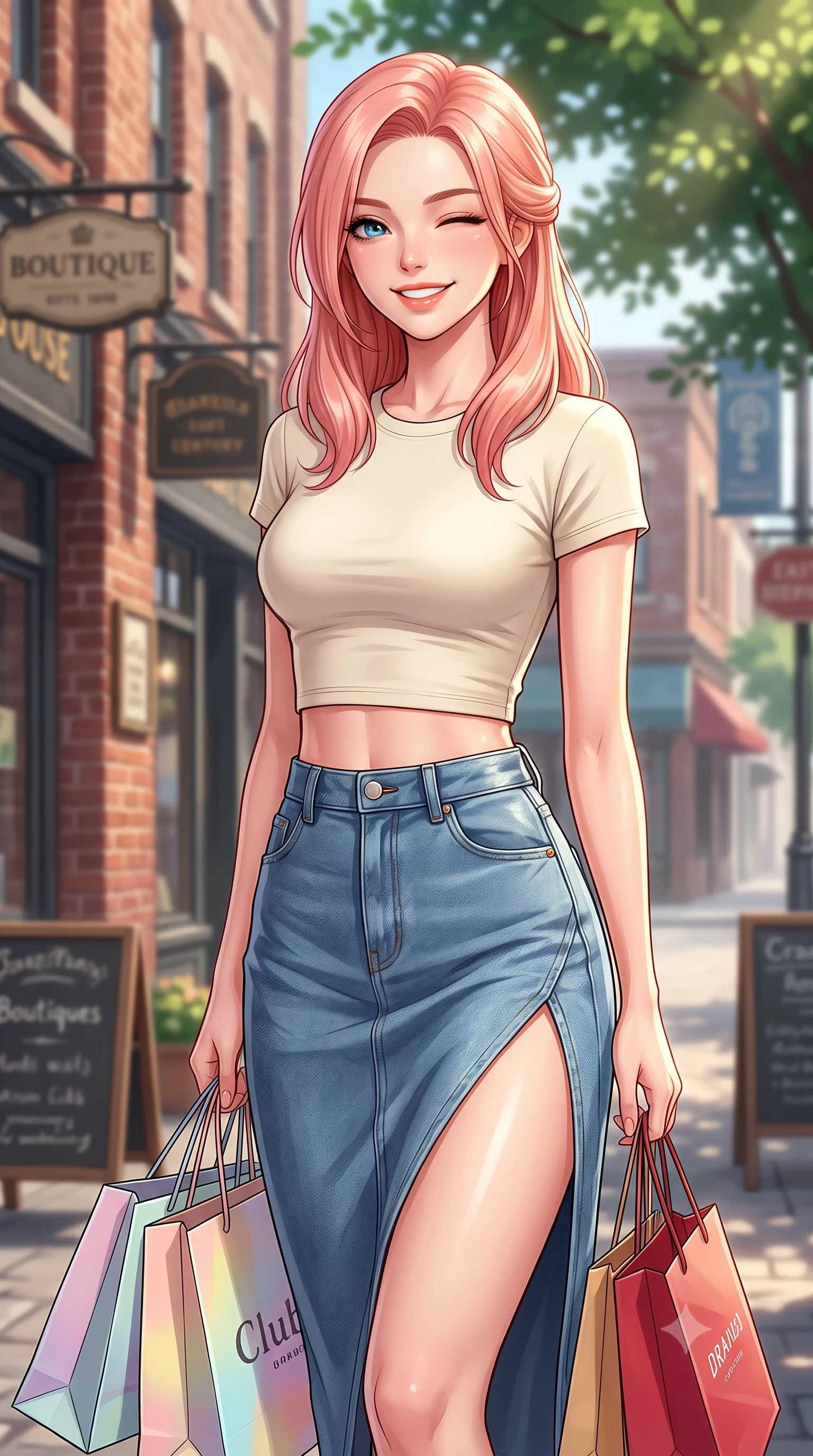 score_9, masterpiece, best quality, ultra-detailed, high-budget anime keyframe, editorial fashion photography, tasteful artistic composition, Japanese woman. close-up cowboy shot from the waist and thighs up, the character dominates the composition, filling the frame with her large presence, background elements kept in soft focus. smiling brightly with a cheerful expression, winking playfully at the viewer set against a soft-focus background of walking along a historic street lined with brick boutiques and vintage signs carrying a couple of colorful shopping bags with a happy, excited look. She has an exceptionally elegant, slender, and willowy female figure with an ultra-slim waist, a gracefully sculpted slender torso, and a refined silhouette. sharp v-shaped jawline, high-bridge nose, intricate jewel-like eyes with depth, thick eyelashes, glossy lips with a natural sheen. wearing tailored modern crop top tee in cream, paired with a high-slit denim midi skirt. dappled sunlight filtering through the street trees, casting soft shadows. highly saturated vibrant anime colors, detailed shading with soft gradients, rich glossy textures, high-contrast stereoscopic depth, volumetric dynamic lighting, master piece, 9:16 ratio