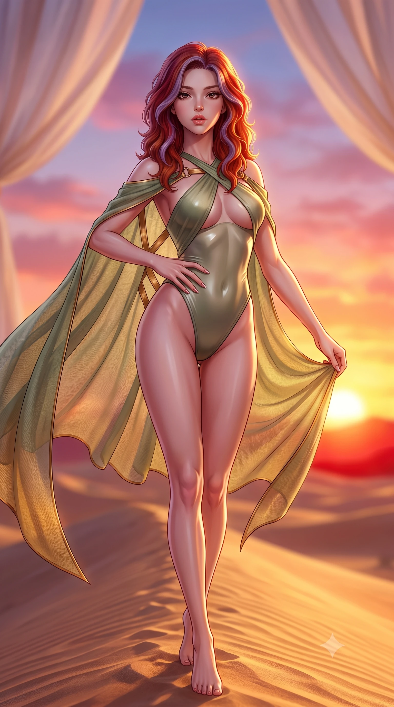 score_9, masterpiece, best quality, ultra-detailed, high-budget anime keyframe, semi-realistic 3D game render, editorial fashion photography, tasteful artistic composition, Caucasian woman. close-up cowboy shot from the waist and thighs up, the character dominates the composition, filling the frame with her large presence. resting one manicured hand delicately on her hip bone, her upper body turning in a fluid, seductive S-curve while parted lips glisten in the light while striding along the ridge of the desert sands, hips swaying in an alluring kinetic rhythm as the crimson sun sinks beneath the horizon. The composition keeps background elements in soft focus with creamy bokeh. billowing silk canopy drapes and rising desert heat haze softened in dreamy shallow focus. She has an exceptionally elegant, slender, and willowy female figure with an ultra-slim waist, a gracefully sculpted slender torso, toned flat midriff, and rounded feminine hips creating an alluring hourglass silhouette. sharp v-shaped jawline, high-bridge nose, intricate jewel-like eyes with depth, thick eyelashes, glossy parted lips with a natural sheen, intensely captivating and seductive bedroom-eyes expression, flawlessly proportioned anatomical accuracy, strict slender model proportions, natural body alignment, perfectly sculpted long slender limbs, ultra-slim waistline, clean dynamic posture without body distortion. wearing a desert siren monokini with crossed chest straps and high-cut hip openings, worn under a sweeping organza cape in desert sage green and molten brass, woven from fine textured cotton gauze that flutters in the desert wind, finished with criss-cross back straps highlighting her graceful shoulder blades, the glove-like aerodynamic silhouette tightly following the natural contour of her hips and long slender legs with statuesque precision. illuminated by dramatic low-angle sun rays defining her razor-sharp jawline, narrow waist, and curvy hips. highly saturated vibrant anime colors, detailed shading with soft gradients, rich glossy textures, high-contrast stereoscopic depth, volumetric dynamic lighting, master piece, 9:16 ratio