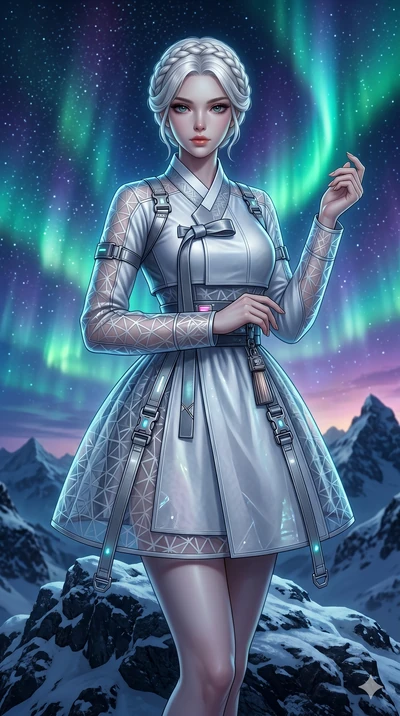 score_9, masterpiece, best quality, ultra-detailed, Set A: Photorealistic 8k CG, Japanese woman. Upper body close-up from the thighs up, character filling the screen for maximum presence. Standing on a mountain top as the aurora borealis dances above
