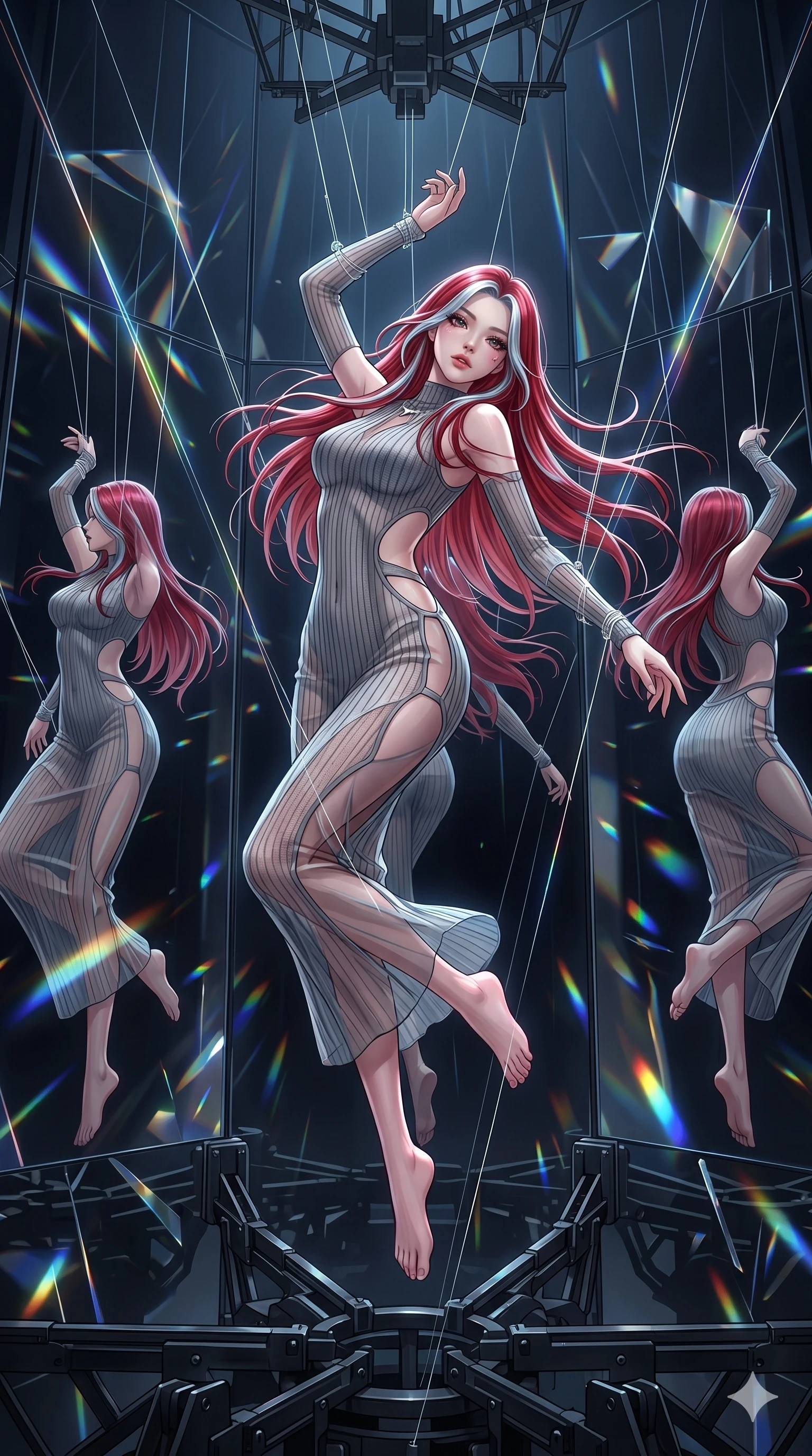 score_9, masterpiece, best quality, ultra-detailed, High-budget Anime Keyframe, East Asian woman. Dynamic full-body shot stretching the vertical silhouette to the limit. Scenario 26: Suspended by invisible silk threads in a hall of mirrors. Her presence is magnetic and overpowering in this high-budget anime scene. Outfit 26: A ribbed bodycon knit mesh with a strategic side cut-outs and translucent layers. The clothing is designed to emphasize her exceptionally tall and slender 8-heads proportion. 8-heads proportion, towering silhouette, ultra-slim waist. sharp v-shaped jawline, intricate jewel-like eyes with depth, thick eyelashes, glossy lips. 2k, ultra detail, master piece, 9:16 ratio