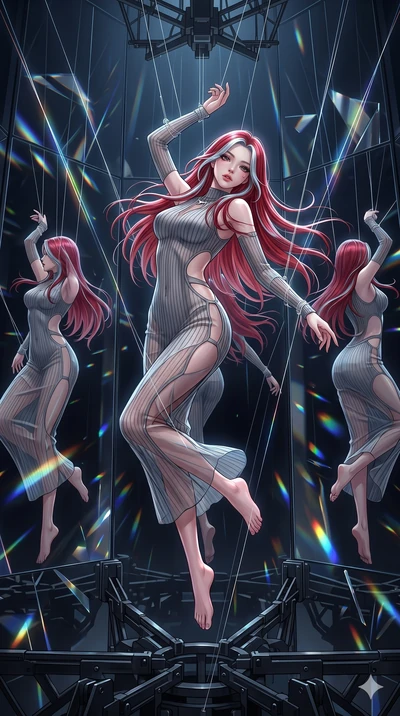 score_9, masterpiece, best quality, ultra-detailed, High-budget Anime Keyframe, East Asian woman. Dynamic full-body shot stretching the vertical silhouette to the limit. Scenario 26: Suspended by invisible silk threads in a hall of mirrors. Her prese