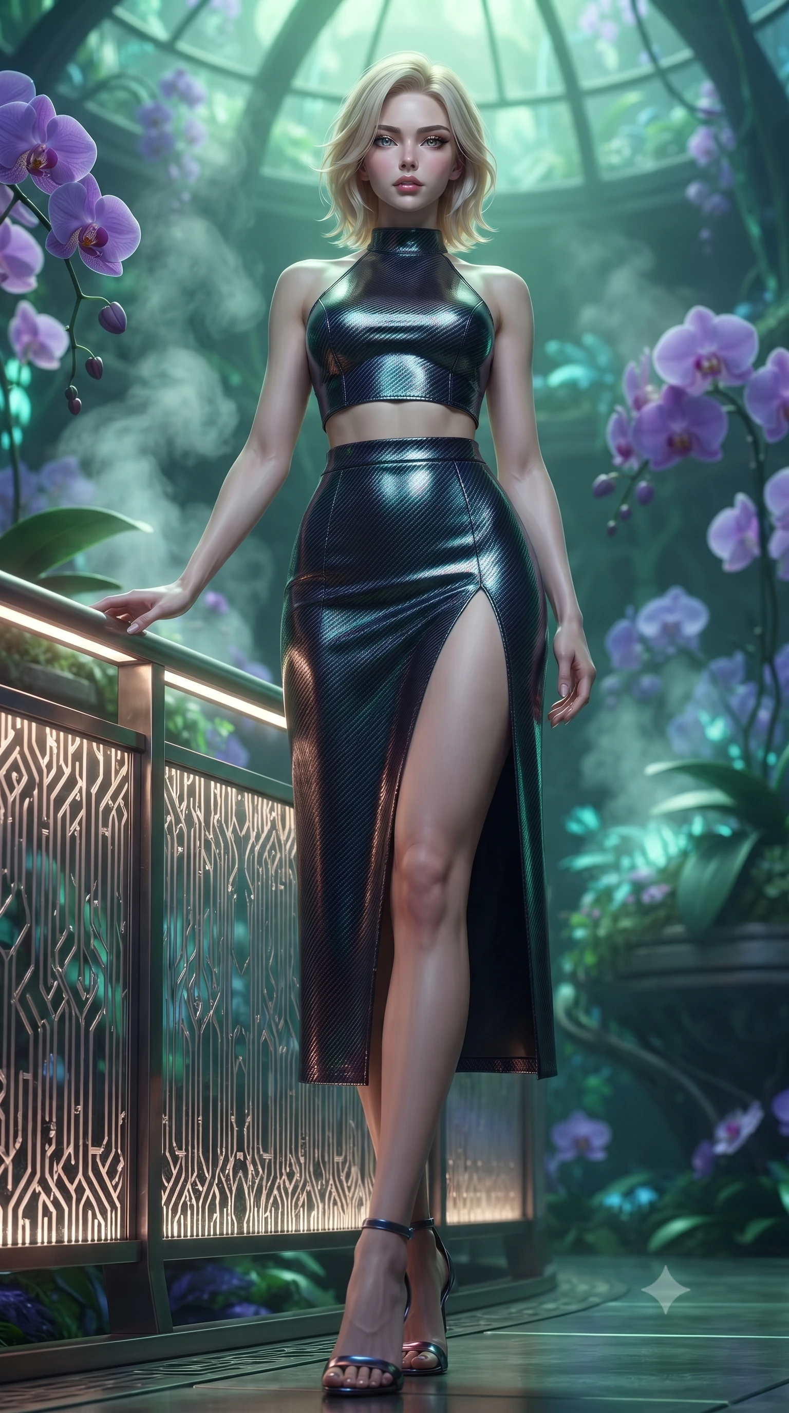 score_9, masterpiece, best quality, ultra-detailed, high-budget anime keyframe, editorial fashion photography, tasteful artistic composition, Caucasian woman. low angle full-body shot from head to toe showing her feet, filling the entire 9:16 vertical frame with her statuesque presence, stretching her vertical silhouette. standing in a tall, confident posture with one hand on a glowing metal railing, stretching her statuesque body, the background shows a soft-focus a botanical sanctuary dome filled with bio-engineered purple orchids and steam. She has an absolutely perfect, statuesque 8.5-heads proportion, an exceptionally tall and slender model-like female figure with impossibly long slender legs and an ultra-slim waist. sharp v-shaped jawline, high-bridge nose, intricate jewel-like eyes with depth, thick eyelashes, glossy lips with a natural sheen. wearing a tailored carbon-fiber halter-neck crop top paired with a matching high-slit midi skirt, revealing her slim waist. soft green and indigo bioluminescent plant lighting casting a serene ambient glow. ultra-reflective glossy finish, specular highlights, metallic sheen, high-contrast stereoscopic depth, volumetric dynamic lighting, 2k, ultra detail, master piece, 9:16 ratio