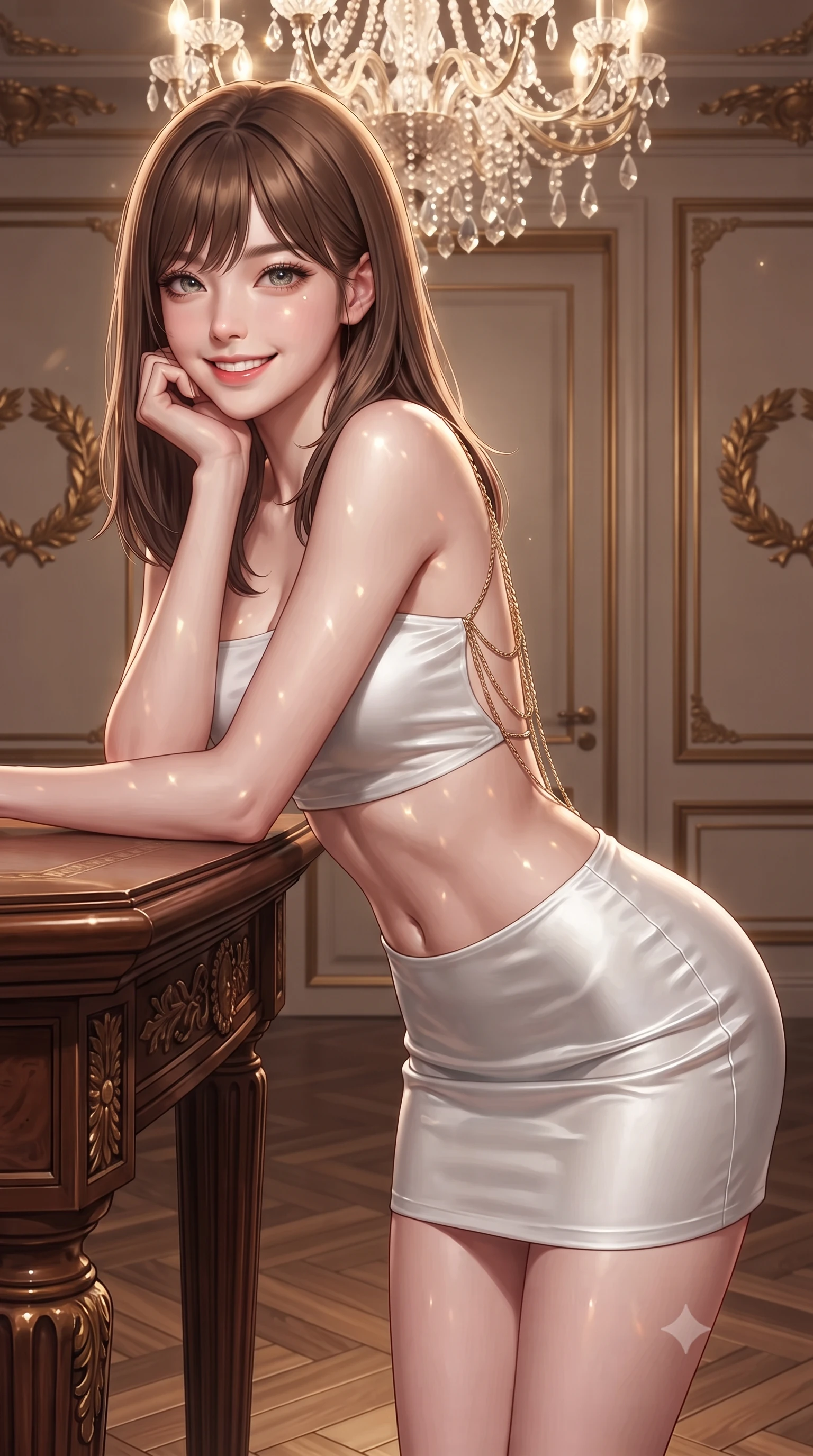 score_9, masterpiece, best quality, ultra-detailed, high-budget anime keyframe, editorial fashion photography, tasteful artistic composition, Korean woman. close-up cowboy shot from the waist and thighs up, the character dominates the composition, filling the frame with her large presence. resting one elbow on the table and supporting her chin, leaning close to the camera with heavy-lidded sparkling eyes and parted lips while twisting her slender torso in an alluring S-curve, warm crystal chandelier facets casting diamond sparks across her flat midriff and hips. The surrounding environment is rendered in vivid detail and crisp panoramic clarity: sharp hand-carved gilded boiserie wreaths, chevron oak parquet wood grain, and leaded crystal chandelier facets in deep focus. She has an exceptionally elegant, slender, and willowy female figure with an ultra-slim waist, flat toned midriff, narrow ribcage, and sculpted feminine hips creating an alluring, slim hourglass silhouette without bulk. sharp v-shaped jawline, high-bridge nose, intricate jewel-like sparkling eyes with depth, thick eyelashes, glossy parted lips with a natural peach sheen, bright cheerful beaming smile with an enchanting and coquettish sensual glint, exuding both youthful cute charm and seductive allure, flawlessly proportioned anatomical accuracy, strict slender model proportions, natural body alignment, perfectly sculpted long slender limbs, ultra-slim waistline, clean dynamic posture without body distortion. wearing an ultra-cropped fitted bandeau top paired with a micro mini tennis skirt revealing her flat toned midriff in pure translucent crystal white and liquid platinum, crafted from fluid liquid silk satin that clings smoothly to her narrow waist and rounded hips with a dewy sheen, accented with an open-back drape framed by falling strands of delicate gold chains, the form-contouring silhouette accentuating her sculpted flat midriff, narrow delicate ribcage, and gracefully curvy hips with intoxicating allure. illuminated by mirror reflection fill and sharp champagne-gold rim lights sculpting her jawline, narrow waist, and curvy hips. ultra-reflective glossy finish, specular highlights, rich textural contrasts, high-contrast stereoscopic depth, volumetric dynamic lighting, 2k, ultra detail, master piece, 9:16 ratio