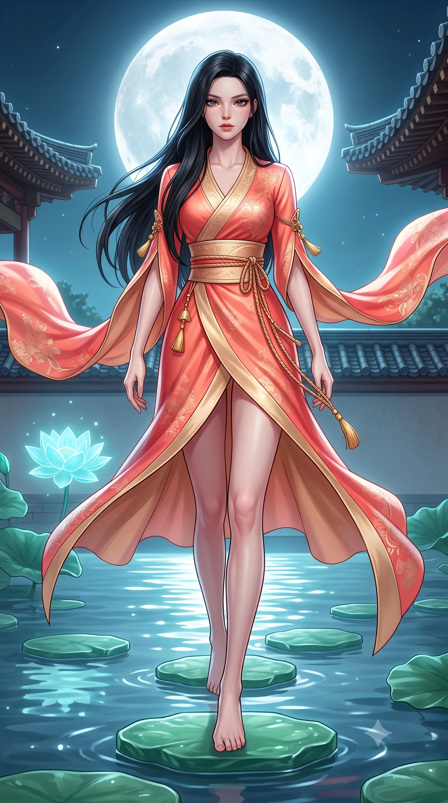 score_9, masterpiece, best quality, ultra-detailed, high-budget anime keyframe, semi-realistic 3D game render, editorial fashion photography, tasteful artistic composition, Korean woman. low angle full-body shot from head to toe showing her feet, filling the entire 9:16 vertical frame with her statuesque presence, stretching her vertical silhouette. stepping forward gracefully in mid-motion, displaying her toned flat midriff and flawlessly sculpted slender limbs while striding across floating jade stepping stones with ethereal, weightless grace and divine celestial poise. The surrounding environment is rendered in vivid detail and crisp panoramic clarity. detailed pagoda tile ridges, moonlight reflection paths on water, and silk fabric embroidery in high resolution. She has an absolutely perfect, statuesque 8.5-heads proportion, an exceptionally tall and slender model-like female figure with impossibly long slender legs, a toned flat midriff, and an ultra-slim waist. sharp v-shaped jawline, high-bridge nose, intricate jewel-like eyes with depth, thick eyelashes, glossy lips with a natural sheen, captivating and magnetic expression, flawlessly proportioned anatomical accuracy, strict slender model proportions, natural body alignment, perfectly sculpted long slender limbs, ultra-slim waistline, clean dynamic posture without body distortion. wearing a traditional-modern silk fusion wrap dress with asymmetric trailing sleeves and waist-cinching obi in sunrise coral and champagne gold, made of liquid-smooth silk satin with subtle floral jacquard, accessorized with delicate gold bell tassels and braided silk cords, the sleek tailored cut tightly hugging her graceful clavicle, narrow waist, and feminine curves with statuesque precision. bathed in radiant silver-white full moon backlighting and soft cyan holographic lotus glow. highly saturated vibrant anime colors, detailed shading with soft gradients, rich glossy textures, high-contrast stereoscopic depth, volumetric dynamic lighting, master piece, 9:16 ratio