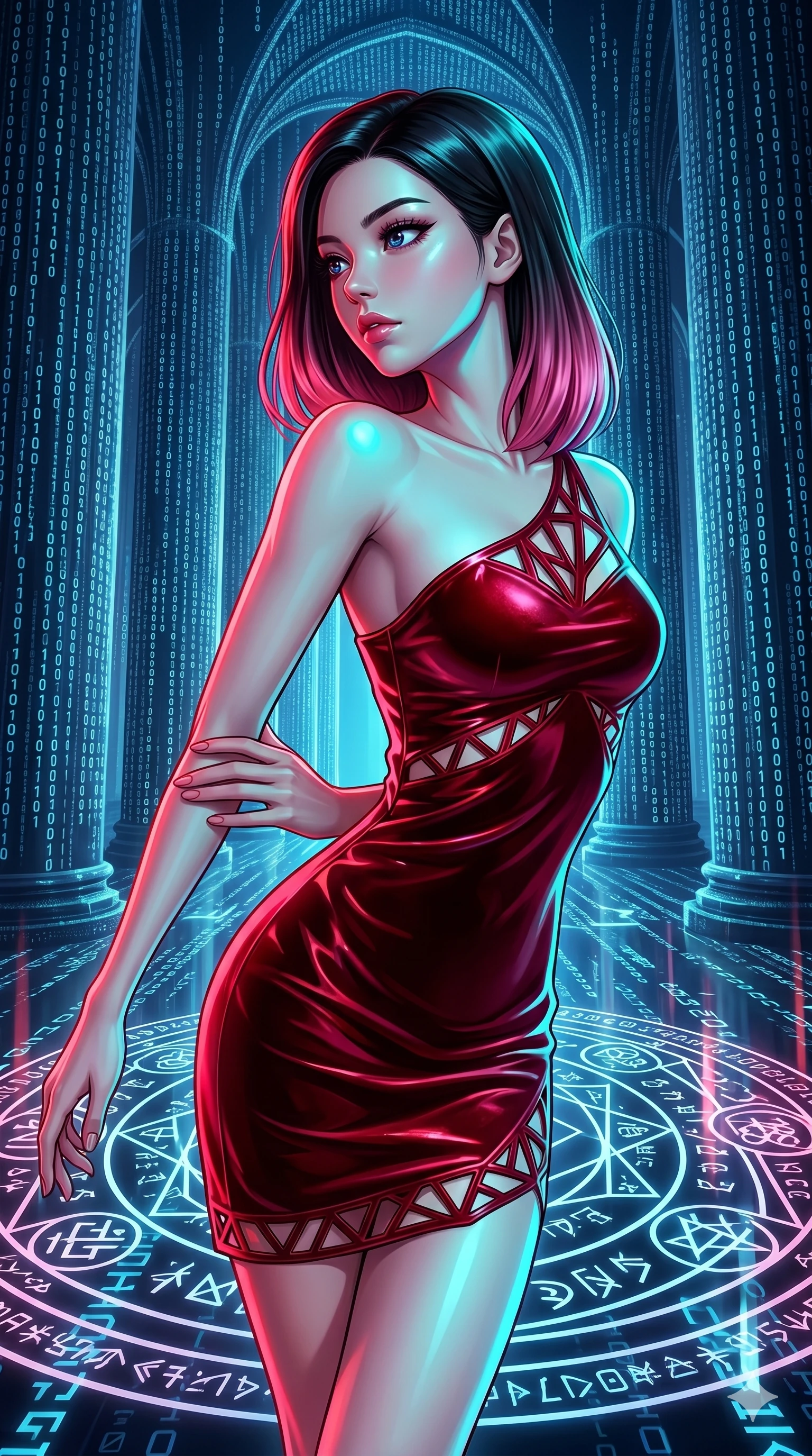 score_9, masterpiece, best quality, ultra-detailed, high-budget anime keyframe, editorial fashion photography, tasteful artistic composition, Korean woman. upper body close-up from the thighs up, character filling the screen for maximum presence. twisting her body around through a digital cathedral with towering pillars made of cascading cyber-code as glowing runes and symbols fade in and out on the ground. She has an absolutely perfect 8-heads proportion, an exceptionally tall and slender female figure with impossibly long slender legs and an ultra-slim waist. V-shaped jawline, high-bridge nose, intricate jewel-like eyes with depth, thick eyelashes, glossy lips with a natural sheen.. wearing an asymmetric liquid velvet slip dress, featuring a high-gloss deep crimson red velvet one-shoulder mini slip with asymmetric geometric cutout trim. lit by high-contrast neon strobes that carve out her dynamic posture and V-shaped jawline. 2k, ultra detail, master piece, 9:16 ratio