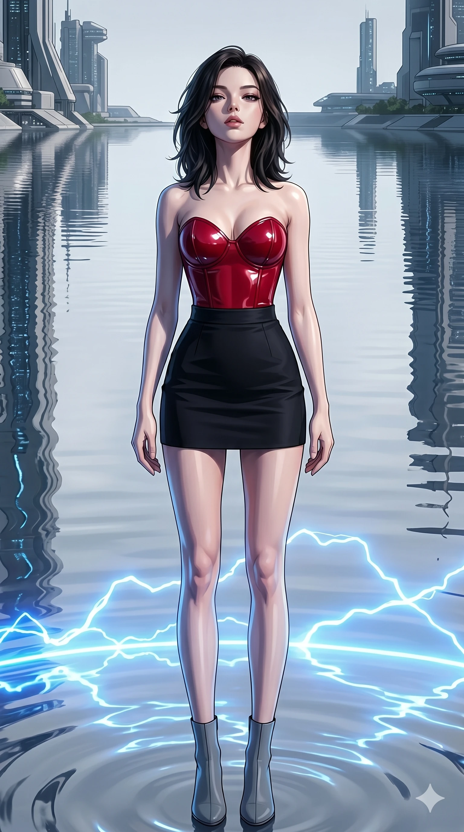 score_9, masterpiece, best quality, ultra-detailed, high-budget anime keyframe, editorial fashion photography, tasteful artistic composition, Korean woman. cowboy shot from the thighs up, character and outfit filling the frame for maximum editorial presence. Tilting her chin up slightly with lips parted in a composed expression at the edge of a cybernetic lake where the water is a perfectly reflective silver mirror. She has an absolutely perfect 8-heads proportion, an exceptionally tall and slender female figure with impossibly long slender legs and an ultra-slim waist. V-shaped jawline, high-bridge nose, intricate jewel-like eyes with depth, thick eyelashes, glossy lips with a natural sheen. wearing a structured corset in high-gloss cherry red latex-effect fabric with a sweetheart neckline, paired with a high-waist tailored black mini-skirt. highlighted by pulsing electric blue plasma arc lighting from below, casting dramatic upward shadows. 2k, ultra detail, master piece, 9:16 ratio
