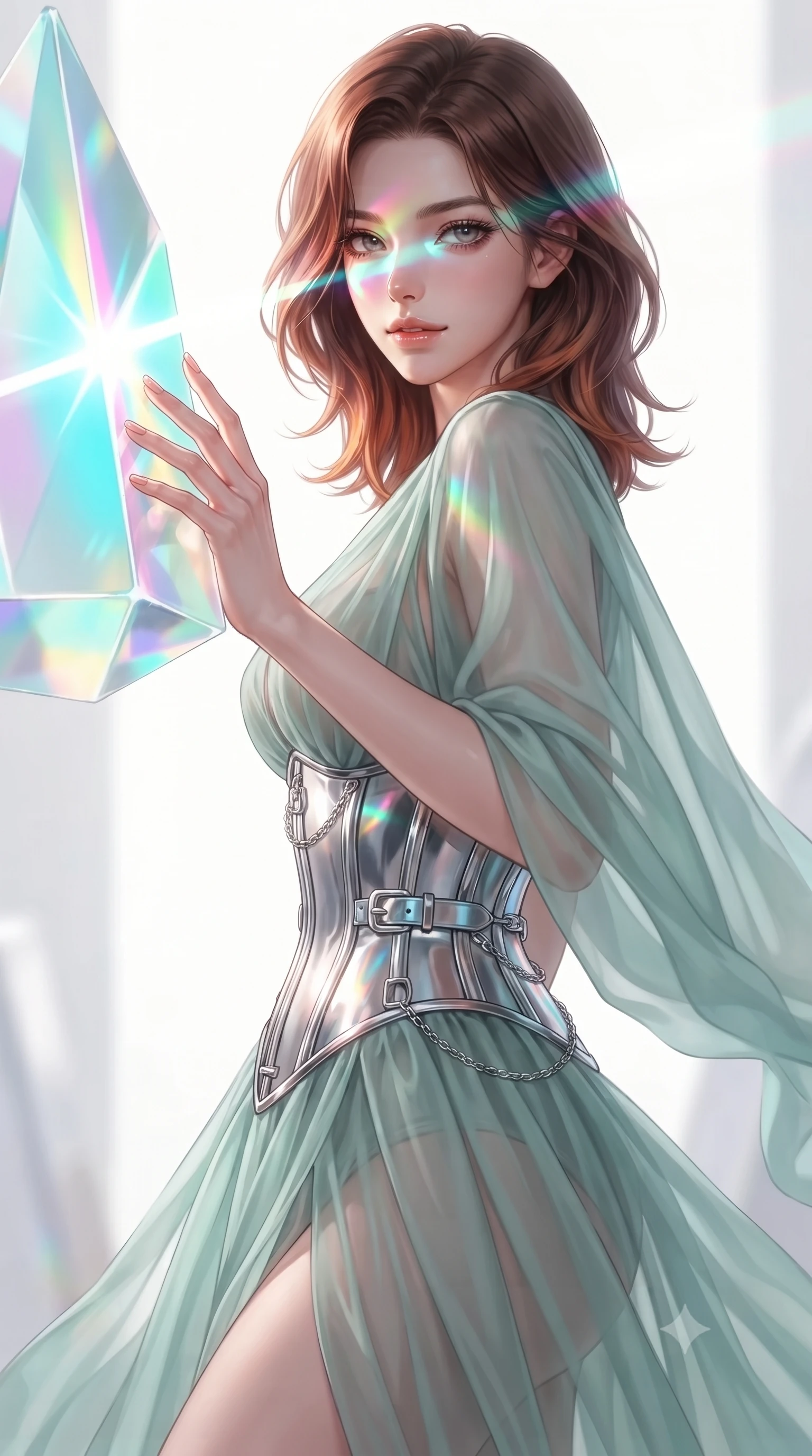 score_9, masterpiece, best quality, ultra-detailed, high-budget anime keyframe, editorial fashion photography, tasteful artistic composition, Korean woman. close-up cowboy shot from the waist and thighs up, the character dominates the composition, filling the frame with her large presence, background elements kept in soft focus. Glancing sidelong over her shoulder with a smoldering half-smile, touching a giant glass prism that splits white sunlight into intense pastel rays, bright airy white background creating vivid color contrast. She has an exceptionally elegant, slender, and willowy female figure with an ultra-slim waist, a gracefully sculpted slender torso, and a refined silhouette. sharp v-shaped jawline, high-bridge nose, intricate jewel-like eyes with depth, thick eyelashes, glossy lips with a natural sheen. wearing semi-opaque sheer seafoam chiffon gown revealing structured corset silhouette in sky blue turquoise, made of sculpted platinum chrome, framed by polished silver buckles and delicate chain details, the fitted fabric emphasizing her ultra-slim waist. lit by a single piercing key ray splitting into vivid spectrums. ultra-reflective glossy finish, specular highlights, metallic sheen, high-contrast stereoscopic depth, volumetric dynamic lighting, 2k, ultra detail, master piece, 9:16 ratio