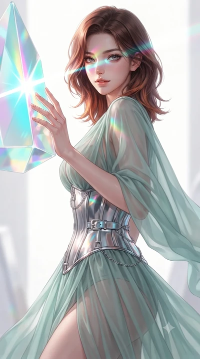 score_9, masterpiece, best quality, ultra-detailed, high-budget anime keyframe, editorial fashion photography, tasteful artistic composition, Korean woman. close-up cowboy shot from the waist and thighs up, the character dominates the composition, fi