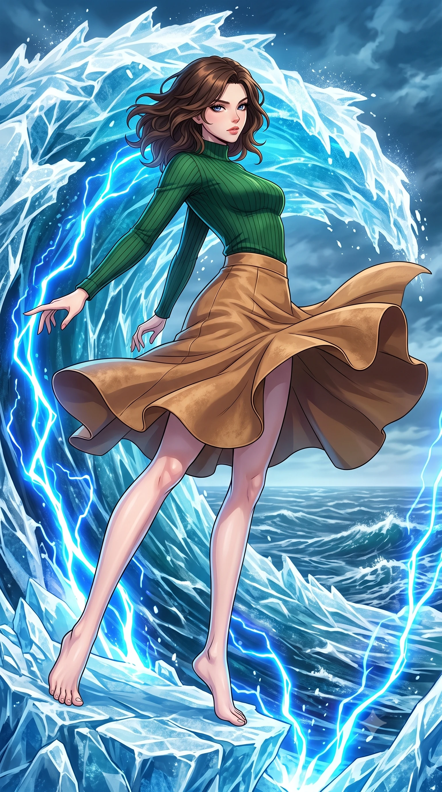 score_9, masterpiece, best quality, ultra-detailed, high-budget anime keyframe, clean line-art, cel-shading, Korean woman. low angle full-body shot from head to toe showing her feet, filling the entire 9:16 vertical frame with her statuesque presence, stretching her vertical silhouette. dodging backward with feline agility while casting an energy barrier through the crest of a massive tidal wave instantly frozen in ice, overlooking a stormy ocean frozen in mid-motion. She has a statuesque 8.5-heads proportion, an exceptionally tall, slender and willowy model-like build with impossibly long legs and a highly sculpted ultra-slim waist. sharp v-shaped jawline, high-bridge nose, intricate jewel-like eyes with depth, thick eyelashes, glossy lips with a natural sheen. wearing the lightweight fabric rippling and billowing dramatically with her movement, a body-hugging high-neck forest green ribbed long-sleeve top paired with a tan suede A-line midi skirt. pulsing electric blue plasma arc lighting rising dramatically from below. highly saturated vibrant anime colors, intense vivid color palette, volumetric dynamic lighting, 2k, ultra detail, master piece, 9:16 ratio