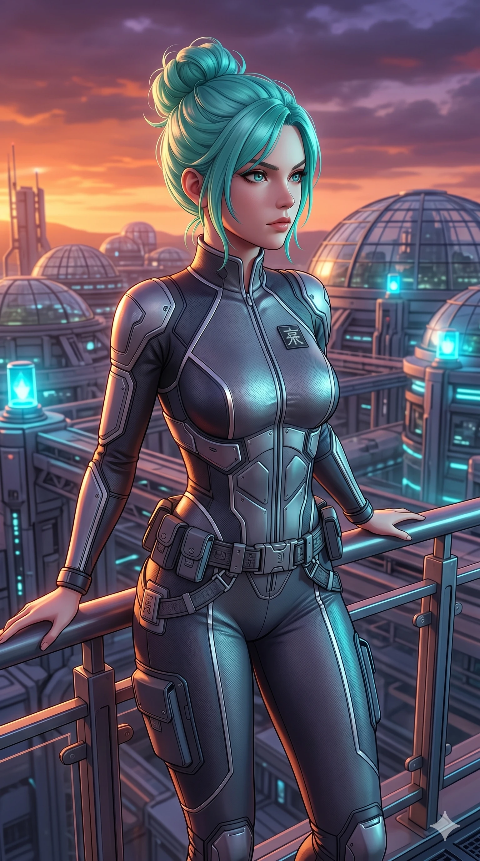 score_9, masterpiece, best quality, ultra-detailed, high-budget anime keyframe, semi-realistic 3D game render, Japanese woman. Upper body close-up from the thighs up, character filling the screen for maximum presence. Standing on a balcony overlooking a biotech research station, looking at the distant domes with a determined, confident look. She is wearing a tailored tech-jumpsuit with reflective silver piping and a utility belt. The scene is bathed in the warm orange light of the sunset and blue warning beacons. 2k, ultra detail, master piece, 9:16 ratio