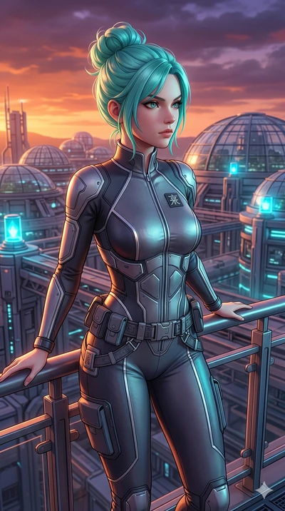 score_9, masterpiece, best quality, ultra-detailed, high-budget anime keyframe, semi-realistic 3D game render, Japanese woman. Upper body close-up from the thighs up, character filling the screen for maximum presence. Standing on a balcony overlookin