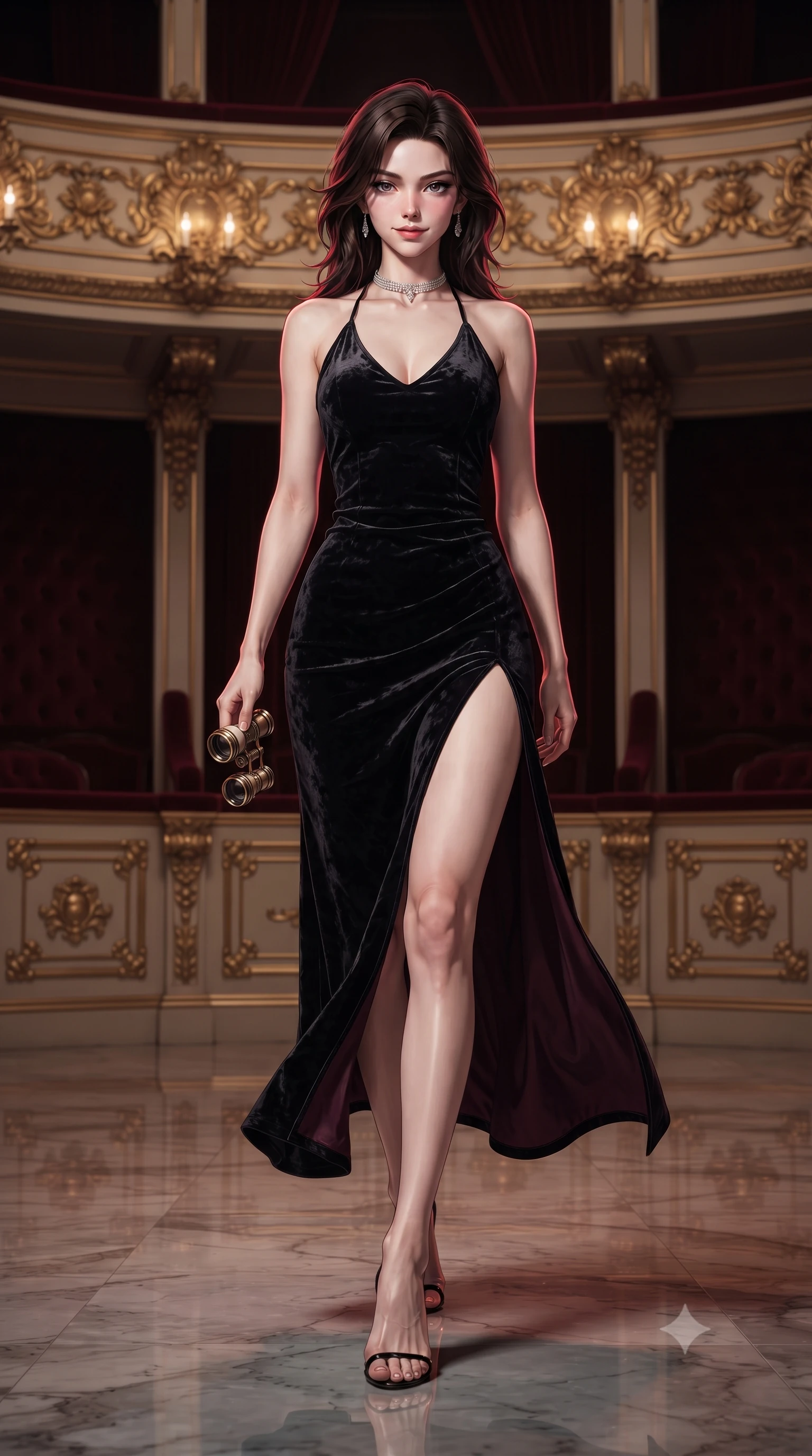 score_9, masterpiece, best quality, ultra-detailed, high-budget anime keyframe, editorial fashion photography, tasteful artistic composition, Korean woman. low angle full-body shot from head to toe showing her feet, filling the entire 9:16 vertical frame with her statuesque presence, stretching her vertical silhouette. striding forward gracefully across the reflective floor with sovereign supermodel poise, hips swaying in an alluring kinetic rhythm that accentuates her curvy hourglass silhouette and long slender legs while sitting perched at the front of the private theater box loge with opera glasses in hand, arching her back with an aristocratic, smoldering half-smile. The surrounding environment is rendered in vivid detail and crisp panoramic clarity. sharp gilded baroque acanthus carvings, velvet plush tufting texture, and brass opera glasses hardware in deep focus. She has an exceptionally tall and slender model-like 8.5-heads proportion, an ultra-slim waist, a flat toned midriff, narrow delicate ribcage, and beautifully sculpted feminine hips creating a graceful, slim hourglass silhouette without any bulky heaviness, with impossibly long slender legs. sharp v-shaped jawline, high-bridge nose, intricate jewel-like dark sparkling eyes with dangerous depth, thick curled eyelashes, glossy parted lips with a rich wine sheen, smoldering seductive half-smile with bedroom-eyes, exuding effortless superiority and intoxicating dark allure, flawlessly proportioned anatomical accuracy, strict slender model proportions, natural body alignment, perfectly sculpted long slender limbs, ultra-slim waistline, clean dynamic posture without body distortion. wearing a backless liquid jet-black halter slip dress with a thigh-high side slit ascending to the high hip in dark mulberry wine and antique champagne, tailored from crushed dark velvet with deep light-absorbing plush texture, finished with a delicate diamond choker catching the chandelier light, the high-waisted tailoring accentuating her ultra-slim waistline and the enchanting curve of her feminine hips with alluring dark charm. illuminated by dramatic theatrical spot key light and rich crimson rim light sculpting her razor-sharp jawline, narrow waist, and curvy hips. ultra-reflective glossy finish, specular highlights, rich textural contrasts, high-contrast stereoscopic depth, volumetric dynamic lighting, 2k, ultra detail, master piece, 9:16 ratio