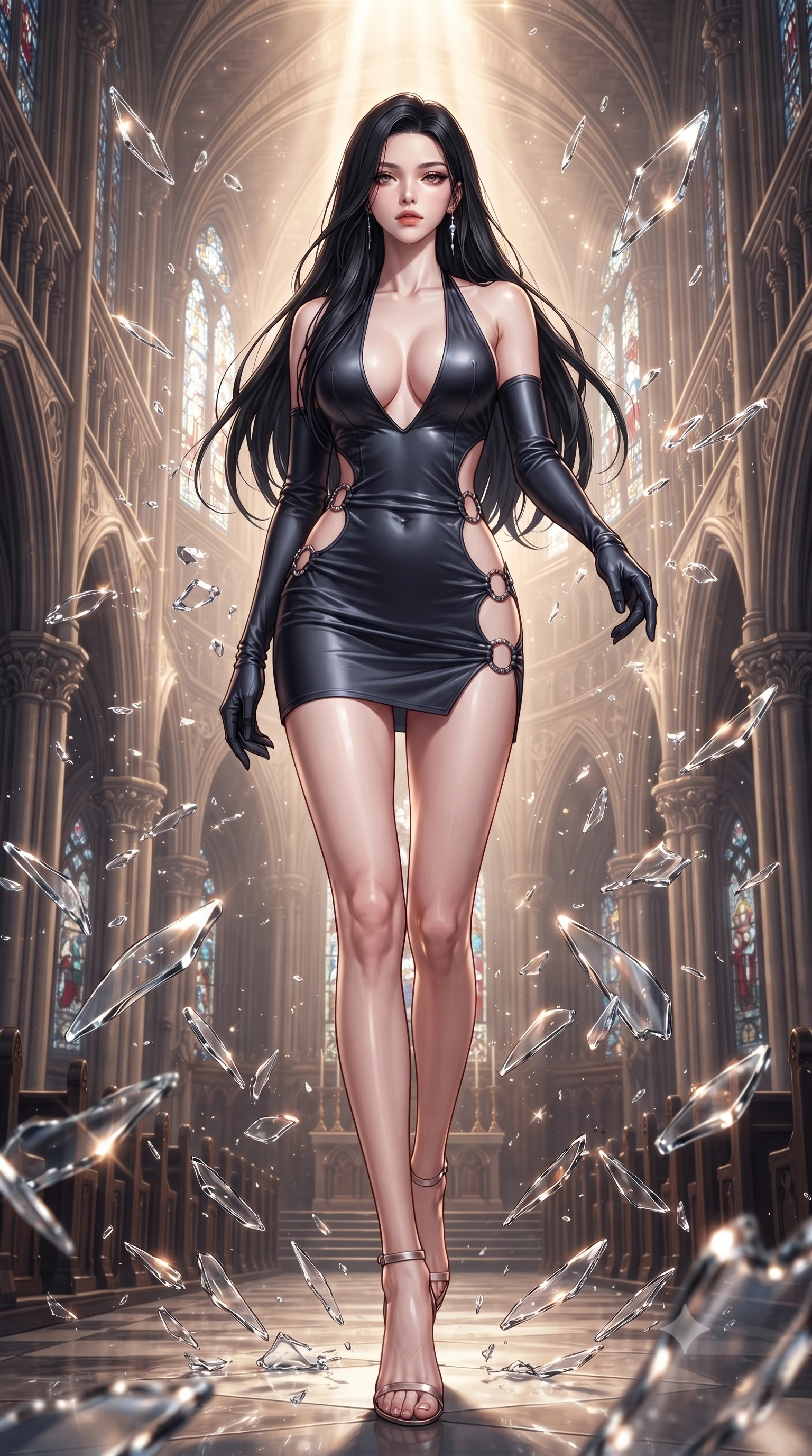 score_9, masterpiece, best quality, ultra-detailed, high-budget anime keyframe, editorial fashion photography, tasteful artistic composition, Korean woman. low angle full-body shot from head to toe showing her feet, filling the entire 9:16 vertical frame with her statuesque presence, stretching her vertical silhouette. stepping forward with proud posture, filling the vertical frame with her magnetic presence leaping through shattered liquid glass fragments in a illuminated cathedral, shattered glass shards catching bright specular highlights in mid-air. She has an absolutely perfect, statuesque 8.5-heads proportion, an exceptionally tall and slender model-like female figure with impossibly long slender legs and an ultra-slim waist. sharp v-shaped jawline, high-bridge nose, intricate jewel-like eyes with depth, thick eyelashes, glossy lips with a natural sheen. wearing a deep-scoop halter neck bodycon dress with daring hip cutouts connected by silver rings, the glove-like fit emphasizing her statuesque silhouette. surrounded by a glowing divine aura of sunbeams and incense radiance. ultra-reflective glossy finish, specular highlights, metallic sheen, high-contrast stereoscopic depth, volumetric dynamic lighting, 2k, ultra detail, master piece, 9:16 ratio